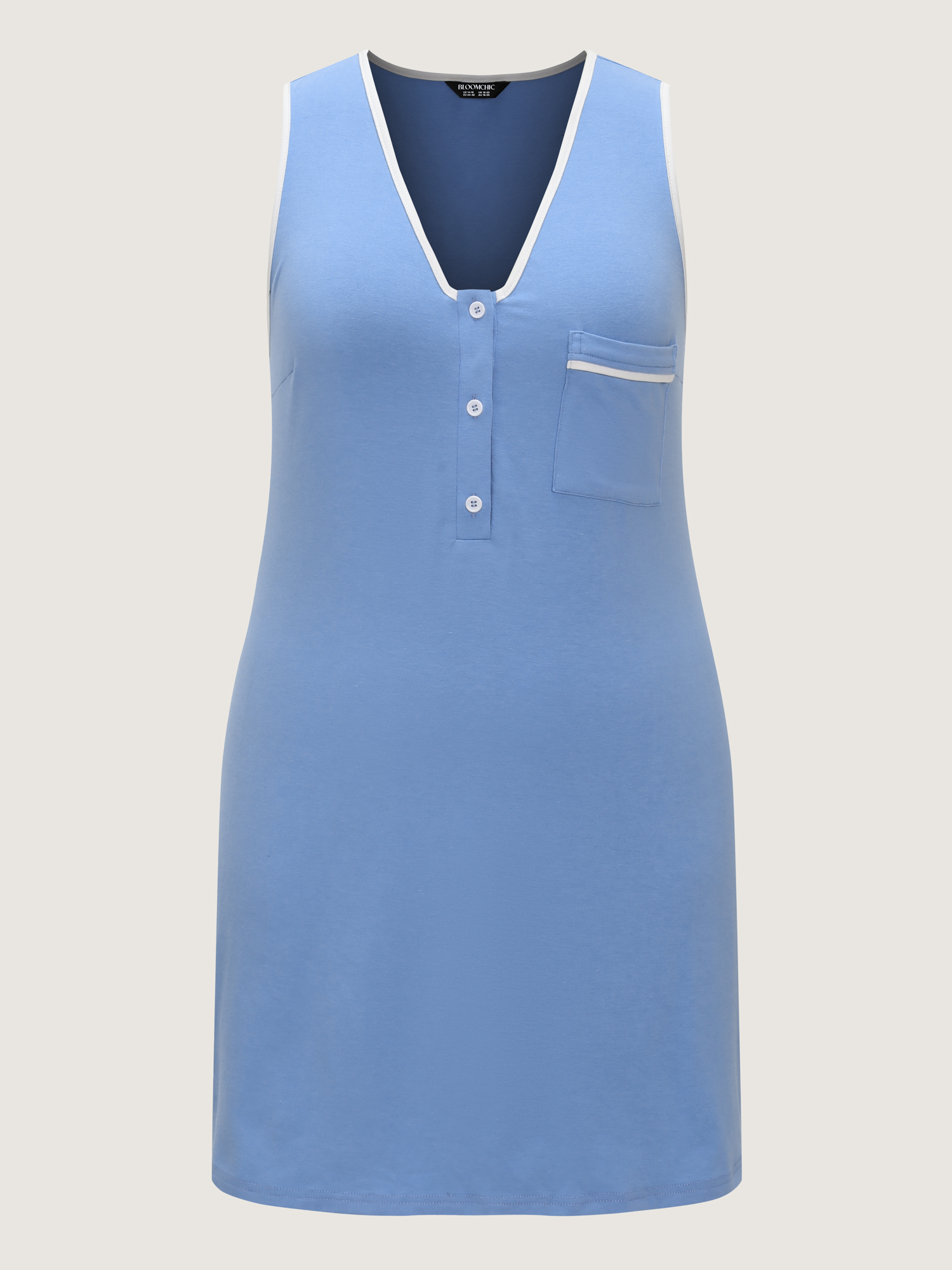 Side view of BloomChic Women's Plus Size Supersoft Color Contrast Lounge Dress LightBlue not graphics Knee Length 14-16/1X