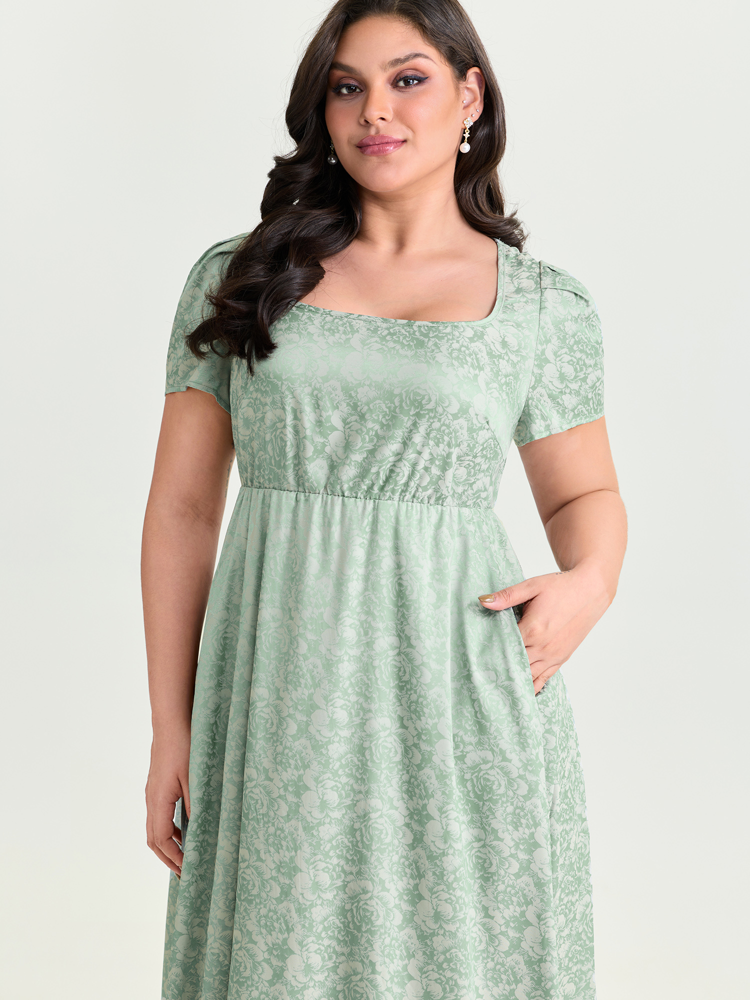Side view of BloomChic Women's Plus Size Floral Texture Square Neckline Party Maxi Dress Turquoise Party Tall Smocked Square Neck 30/6X