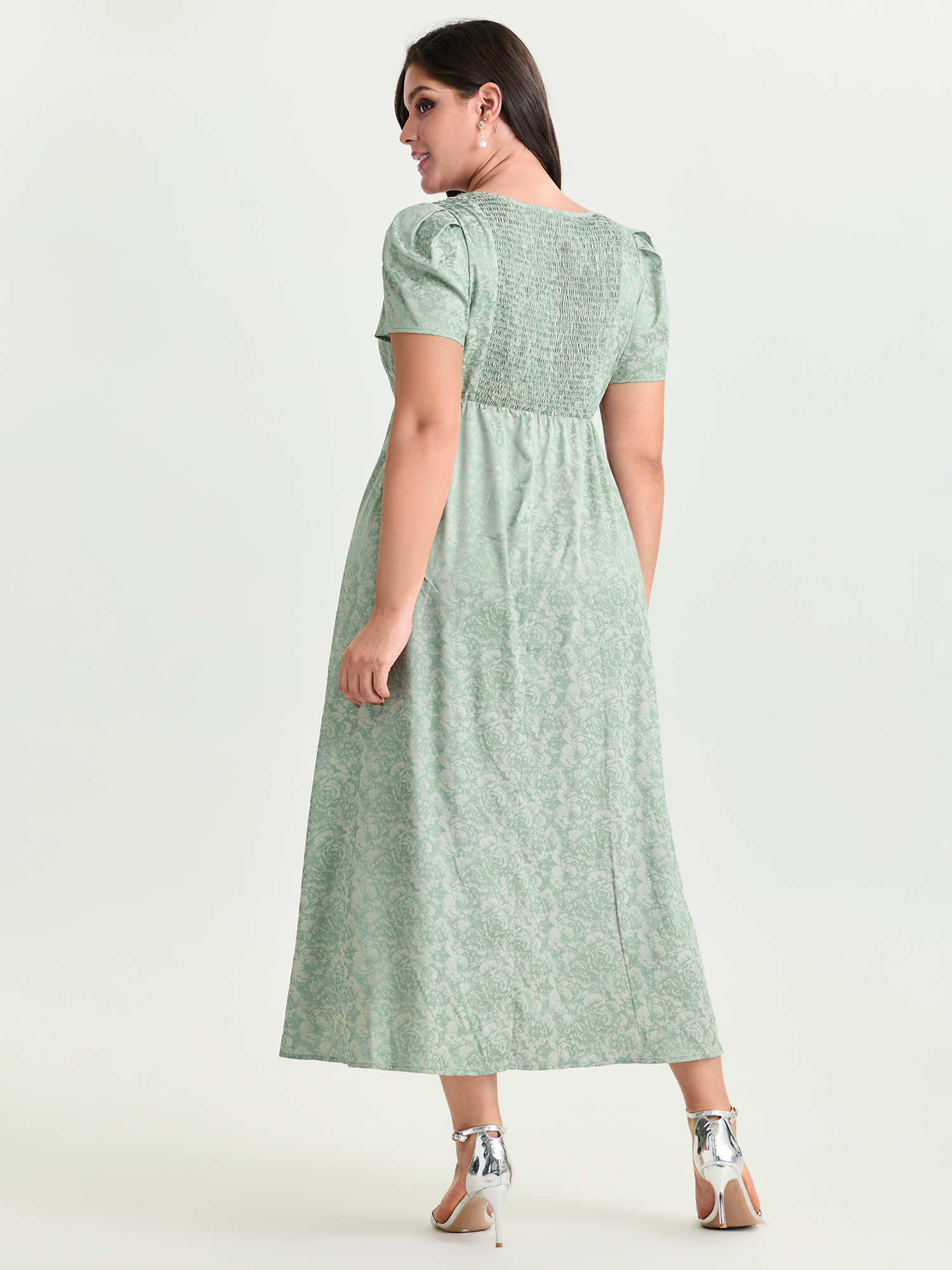 Side view of BloomChic Women's Plus Size Floral Texture Square Neckline Party Maxi Dress Turquoise Party Tall Smocked Square Neck 30/6X