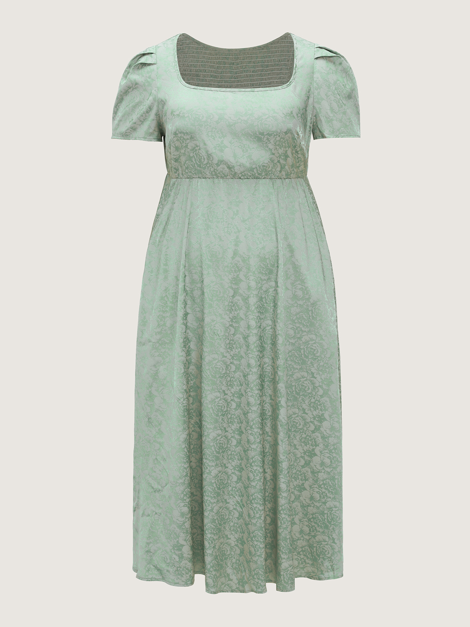 Side view of BloomChic Women's Plus Size Floral Texture Square Neckline Party Maxi Dress Turquoise Party Tall Smocked Square Neck 30/6X