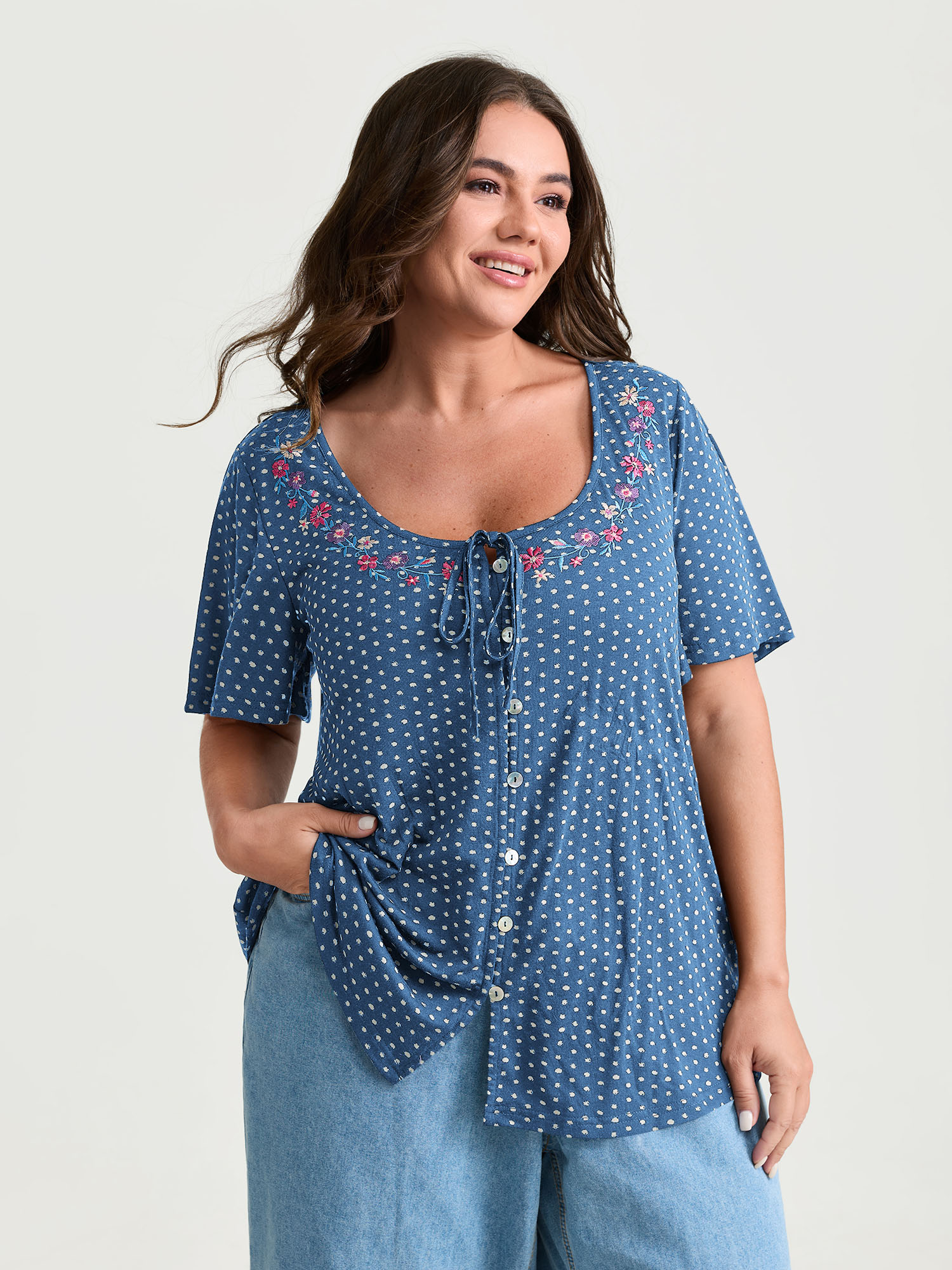 BloomChic Women's Plus Size Colorful Floral Embroidered Neckline Polka Dot Top Skyblue Short sleeve Everyday-Casual 12/L