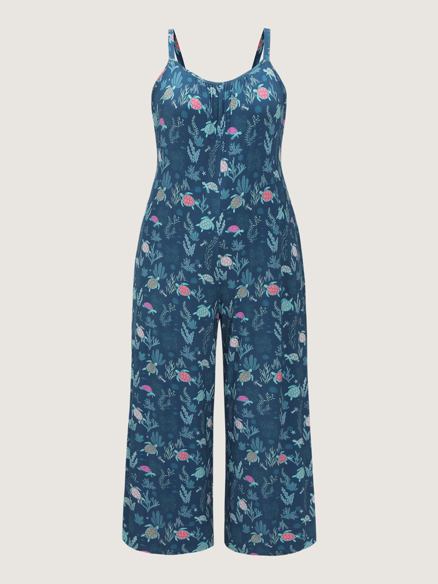 Side view of BloomChic Women's Plus Size Supersoft Turtle Print Lounge Jumpsuit Aegean not graphics Longline 28/5X