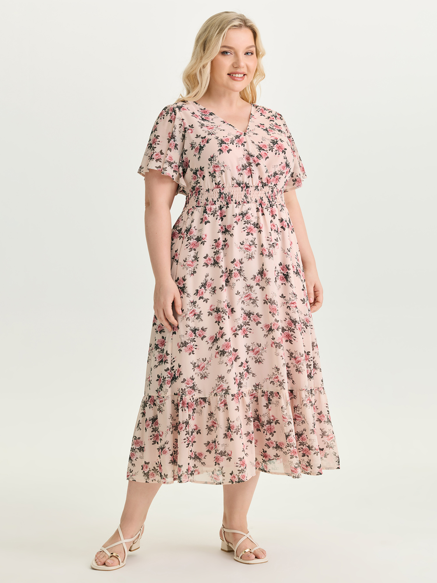 BloomChic Women's Plus Size Floral Print Shirred Waist Maxi Dress MistyRose Ditsy Floral Maxi Everyday-Elegant Wrap / Overlap 22-24/3X
