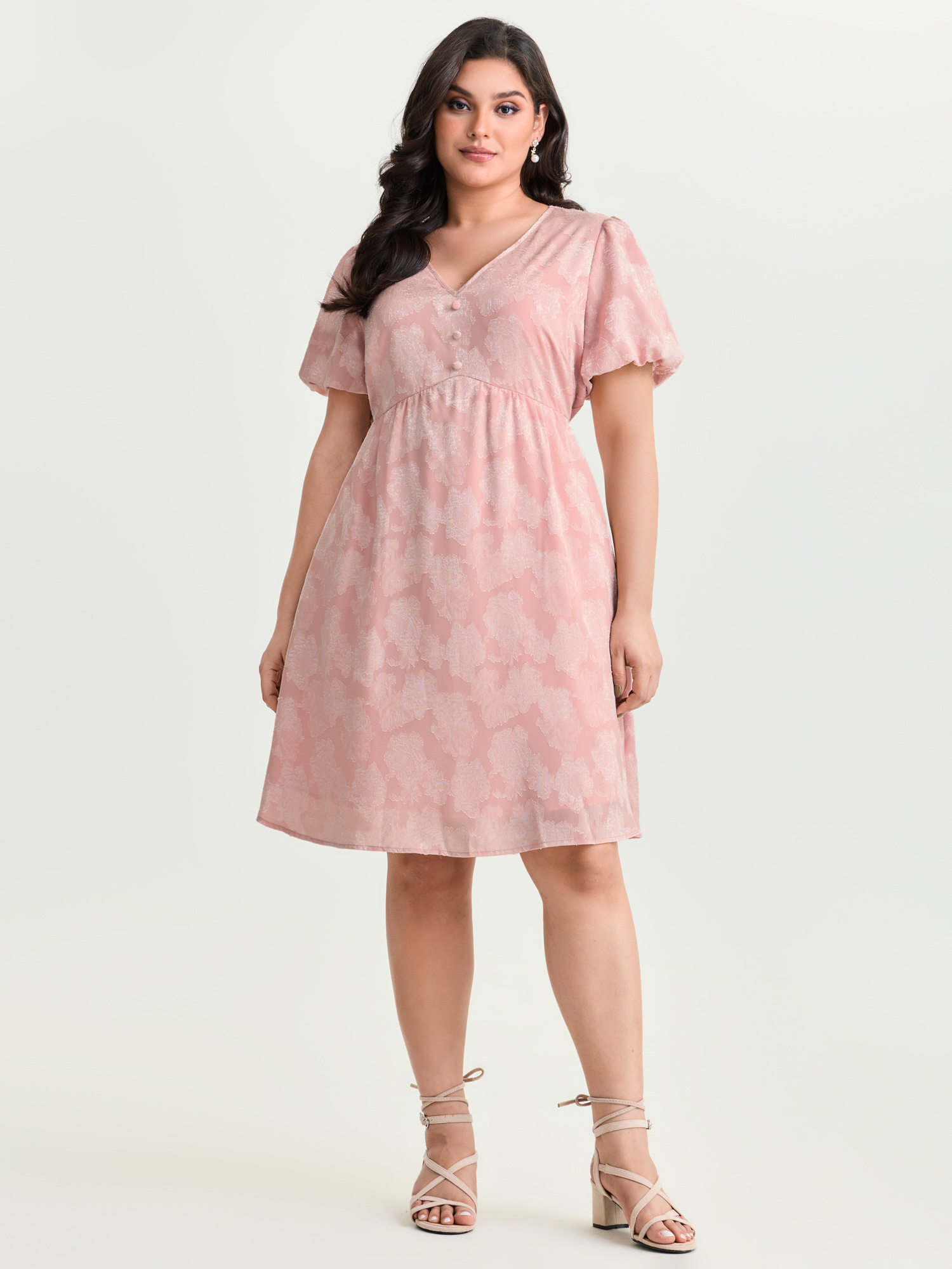 Side view of BloomChic Women's Plus Size Floral Textured Bubble Sleeve Mini Dress Nudepink Party Knee Length Jacquard V-Neck 26/4X