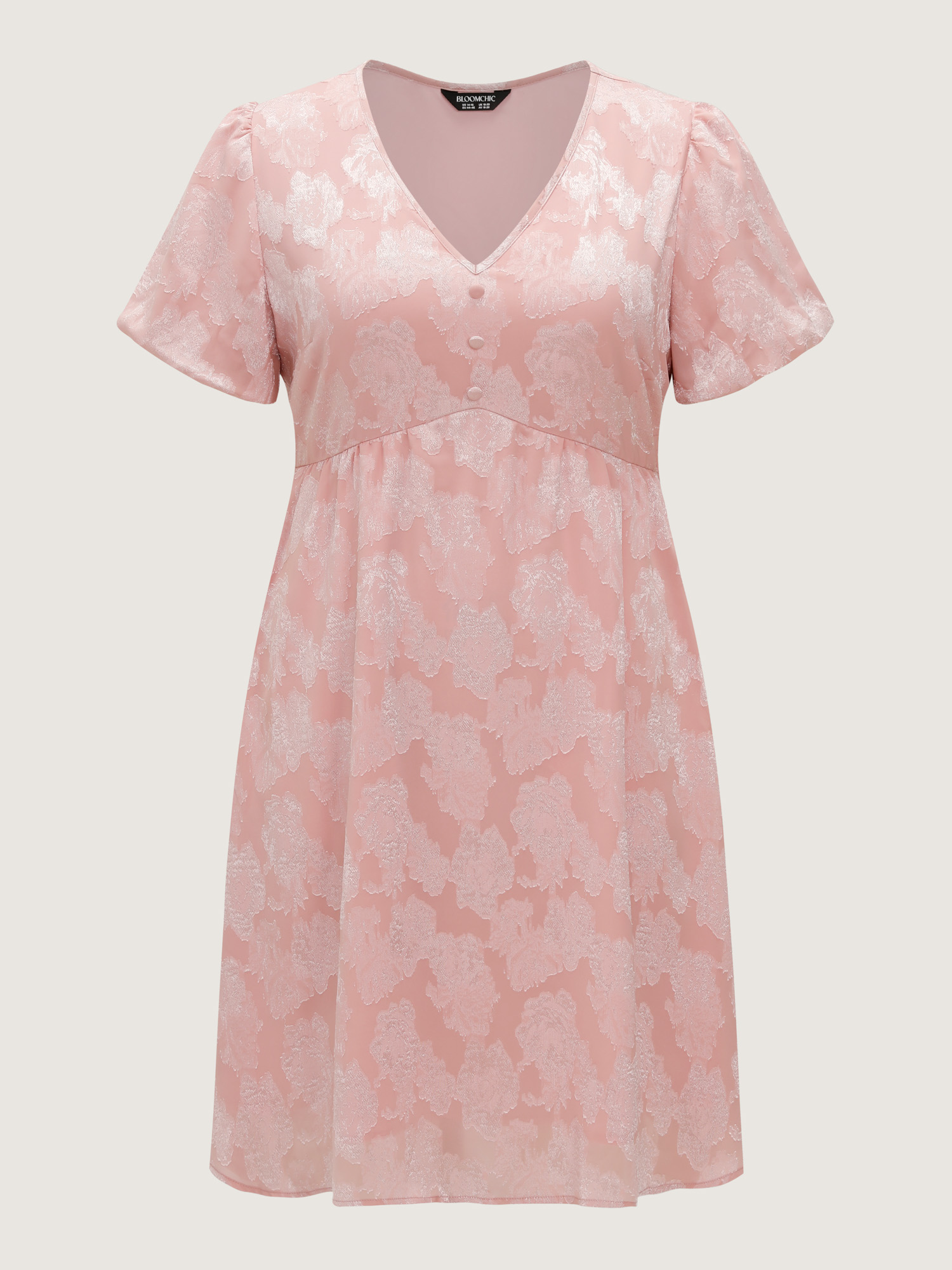 Side view of BloomChic Women's Plus Size Floral Textured Bubble Sleeve Mini Dress Nudepink Party Knee Length Jacquard V-Neck 26/4X