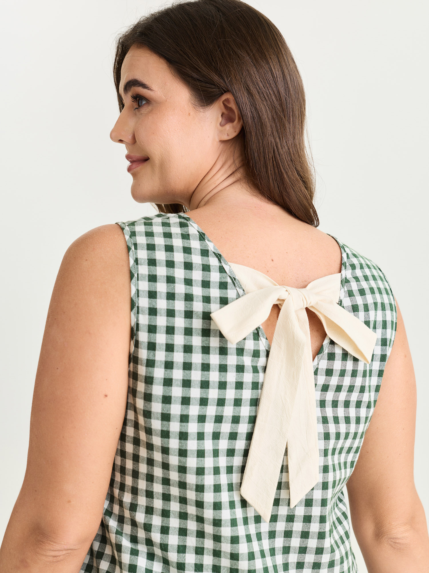 BloomChic Women's Plus Size Supersoft Check Print Open Back Blouse ArmyGreen Everyday-Casual A-line V-Neck 10/M