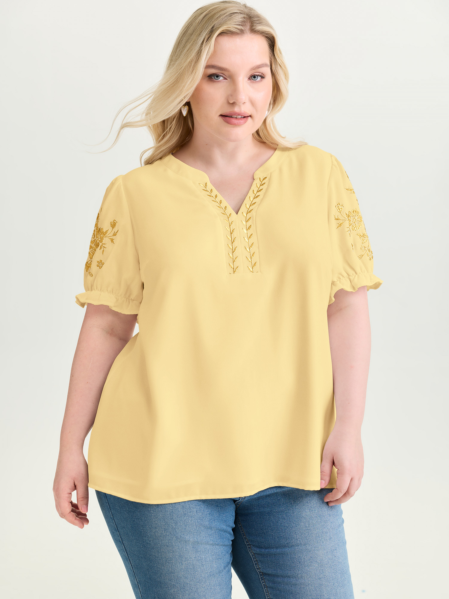 BloomChic Women's Plus Size Notched Collar Embroidered Ruffled Blouse Lightyellow Solid Vacation Short sleeve V-Notch Neck 10/M