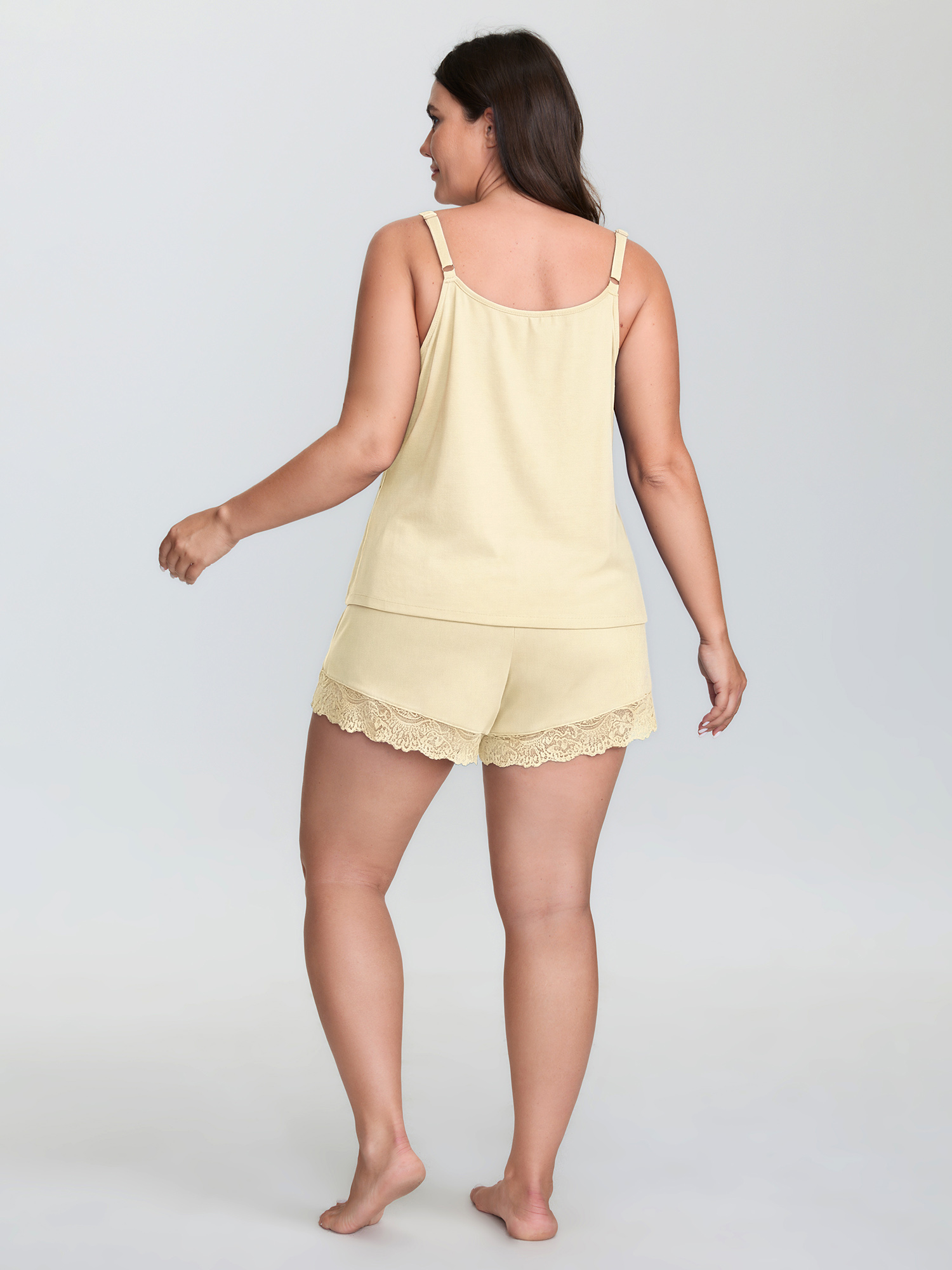 Side view of BloomChic Women's Plus Size Supersoft Lace Trim Two-Piece Pajama Set Apricot not graphics 22-24/3X