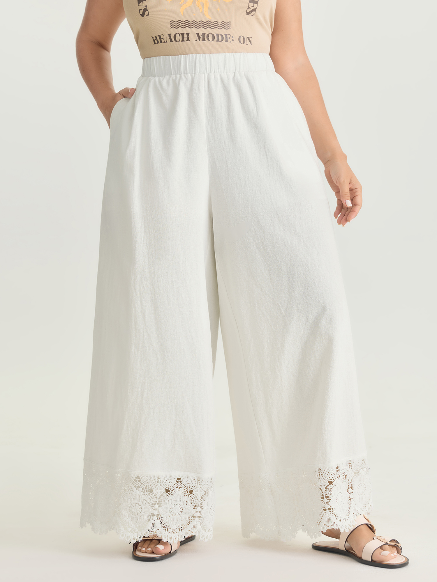 BloomChic Women's Plus Size Cotton Scalloped Lace Hem Flared Pants Originalwhite Else Wide leg Mid Rise 12/L