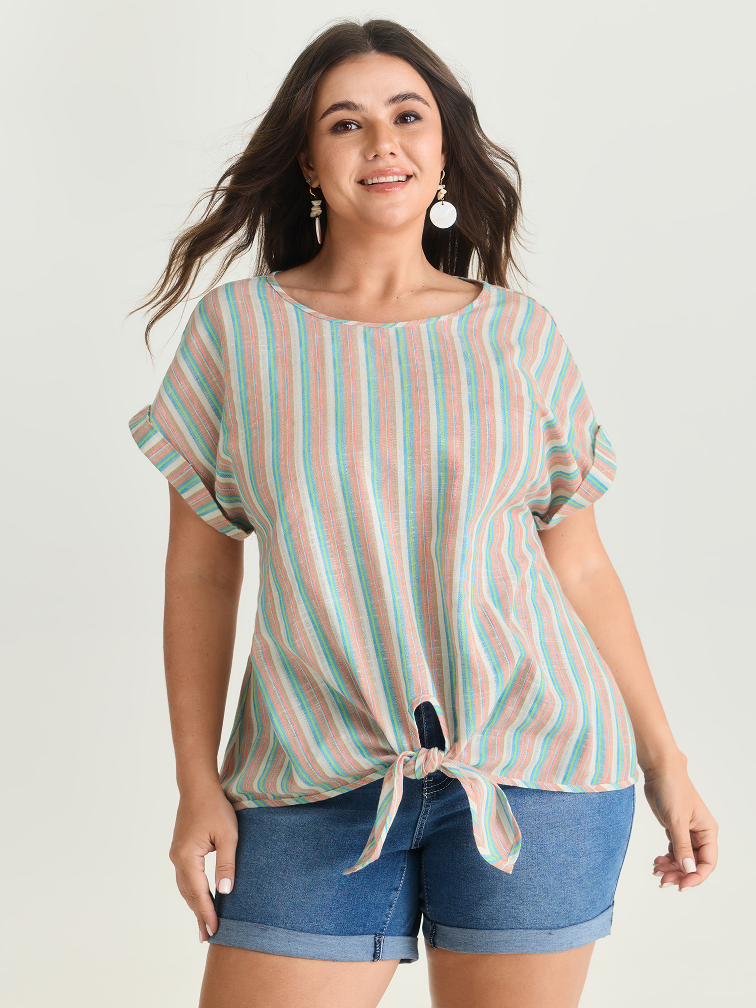 BloomChic Women's Plus Size Striped Print Knotted Front Blouse Multicolor Stripes Vacation Short sleeve Round Neck 30/6X