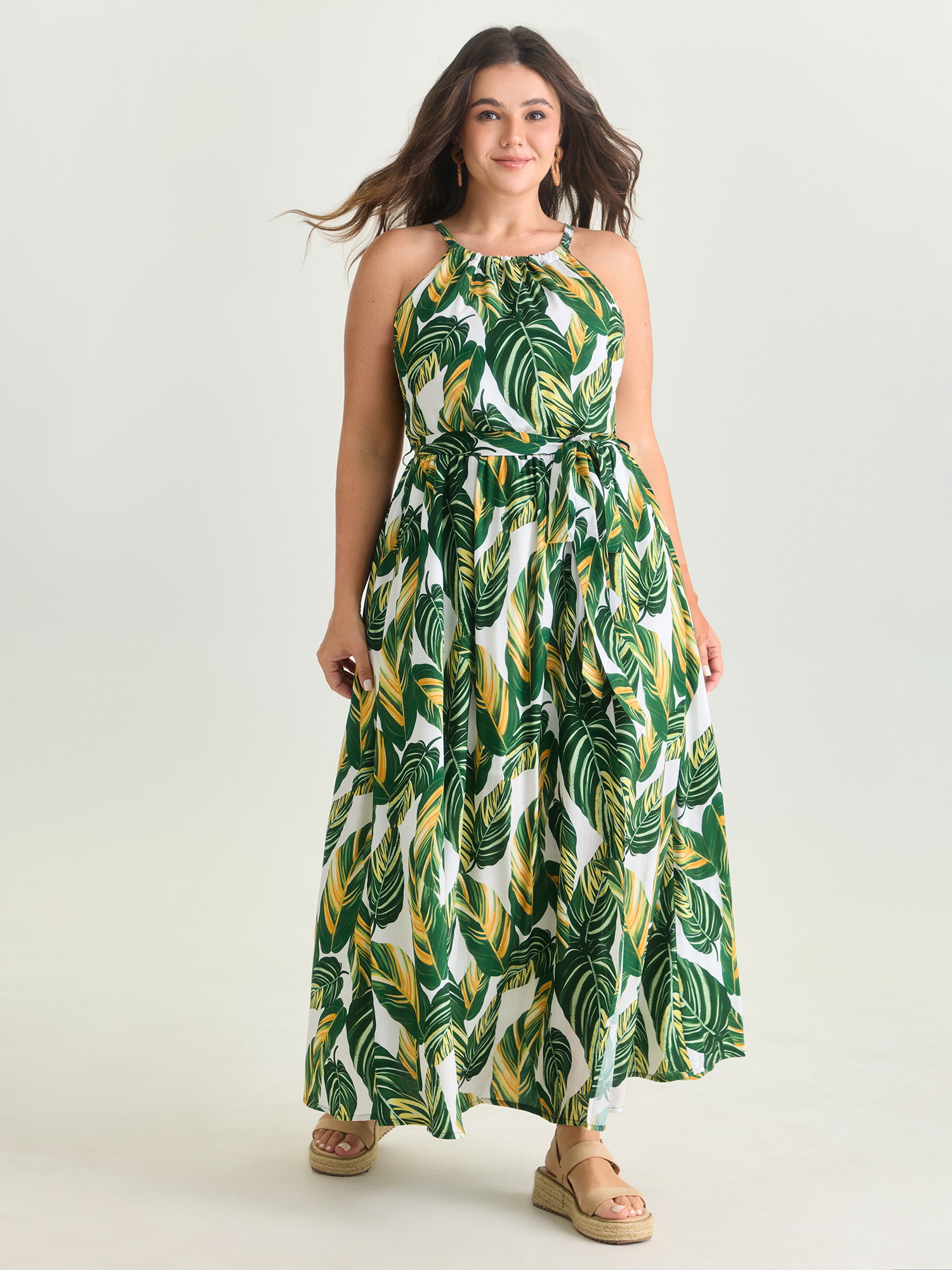 BloomChic Women's Plus Size Breezy Tropical Print Halter Neckline Maxi Dress Moss Leaf Maxi Vacation Lace-Up 12/L
