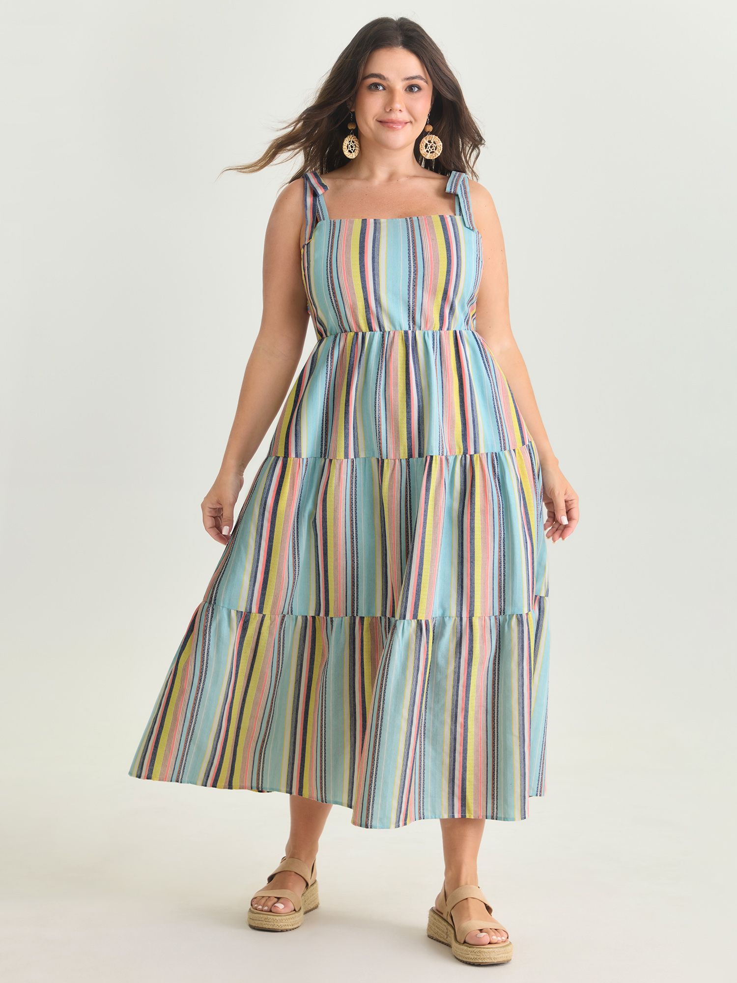 BloomChic Women's Plus Size Multi-Color Striped Print Shoulder-Tie Midi Dress Multicolor Stripes Maxi Vacation Smocked 22-24/3X