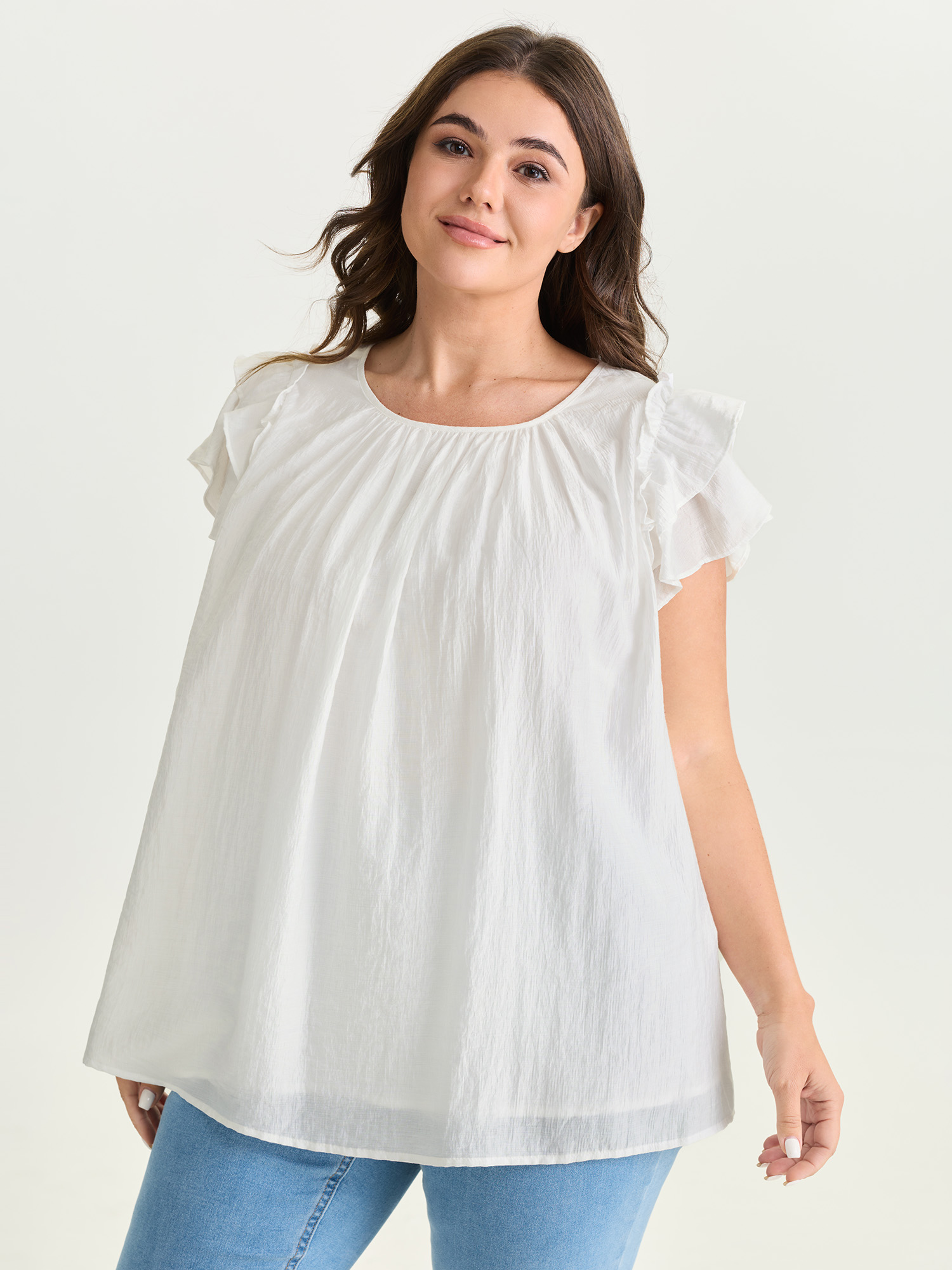 BloomChic Women's Plus Size Supersoft Lotus Leaf Sleeve Flowy Blouse Originalwhite Solid Everyday-Casual Cap Sleeve Round Neck 10/M