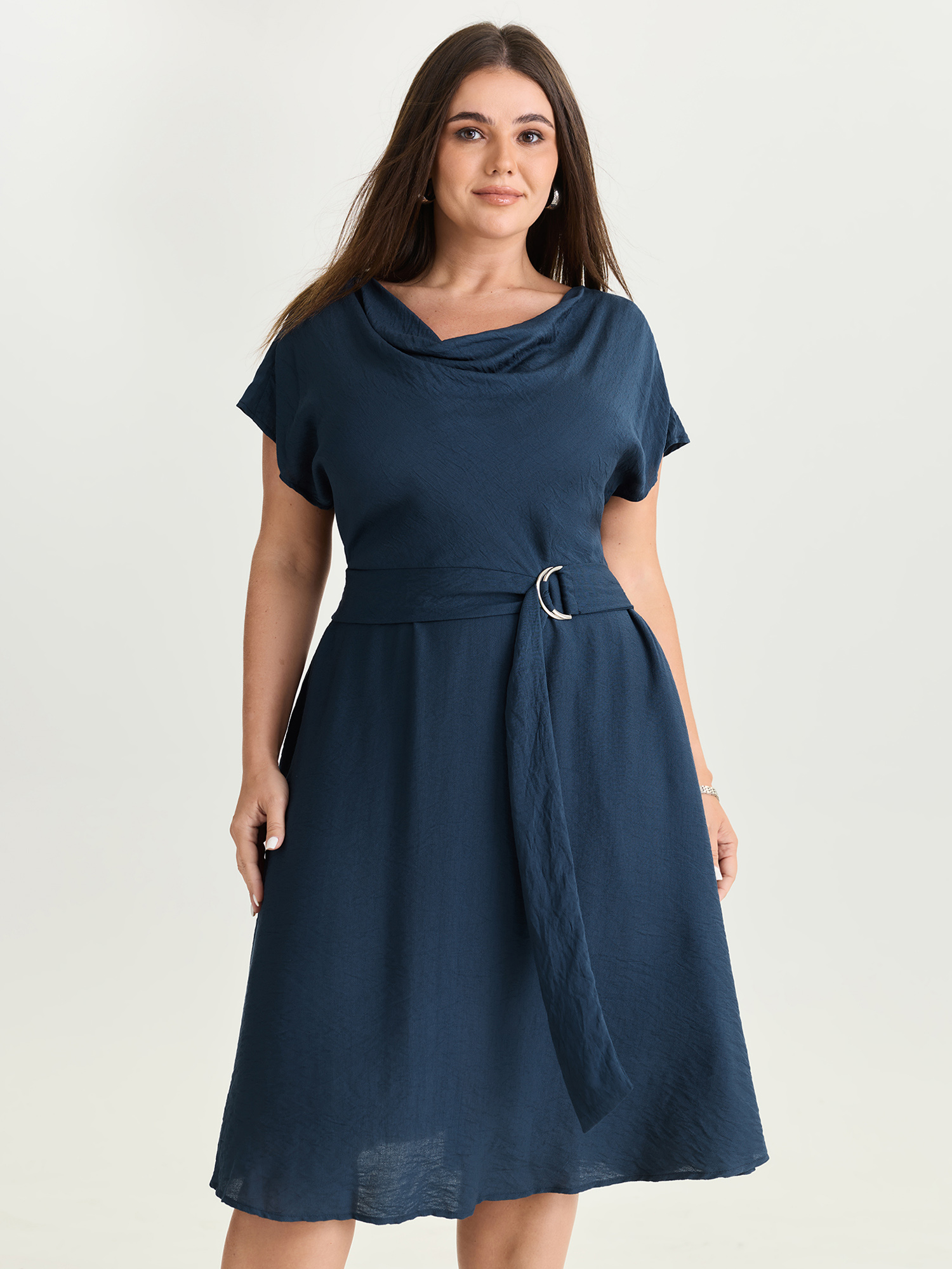 BloomChic Women's Plus Size Draped Cowl Neckline Plain Midi Dress Indigo Solid Midi Office Bowknot 12/L