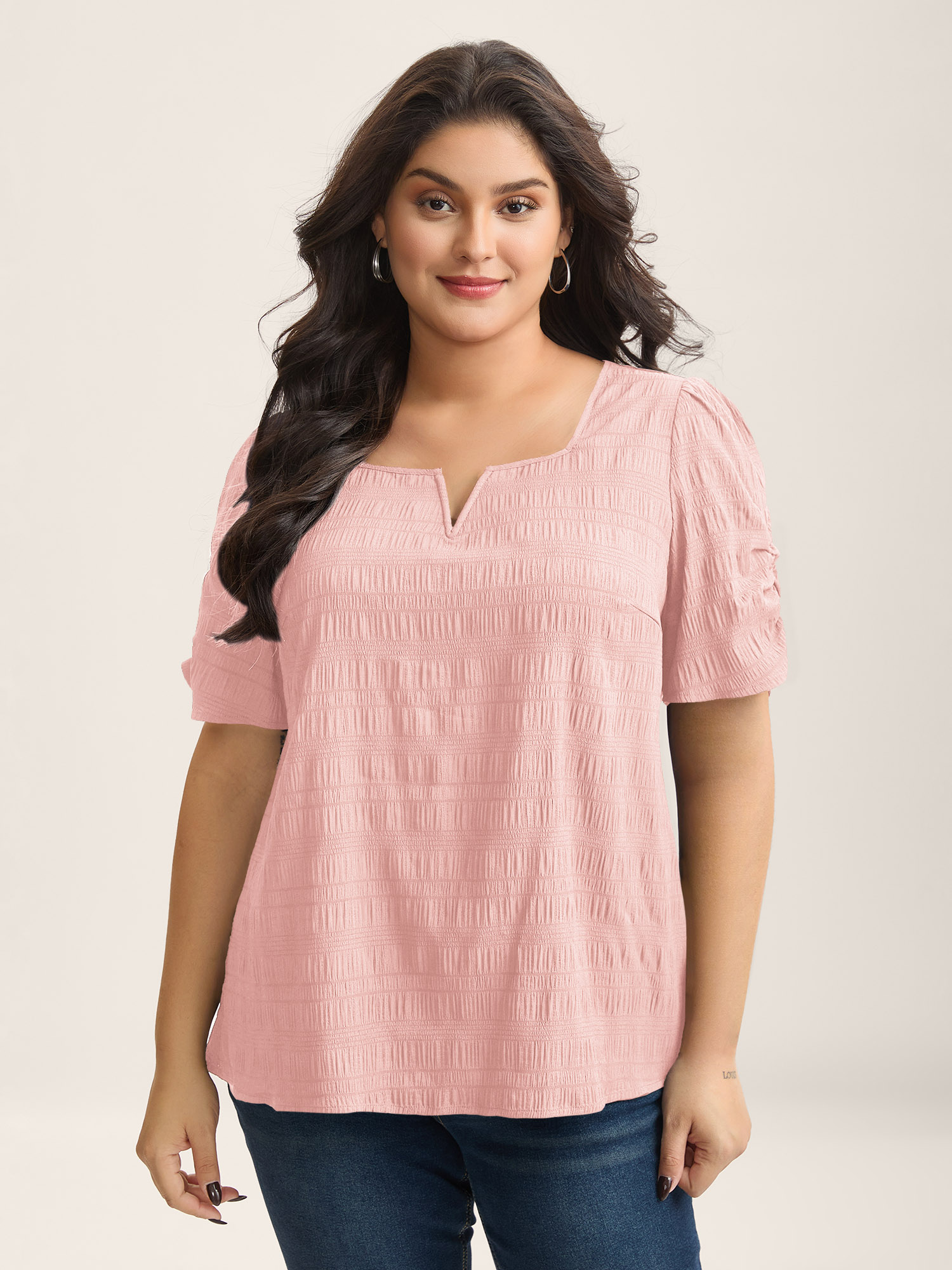 Bloomchic Women's Plus Size Textured Gathered Sleeve Split Neck Blouse Lightpink Solid Office Short Sleeve V-n