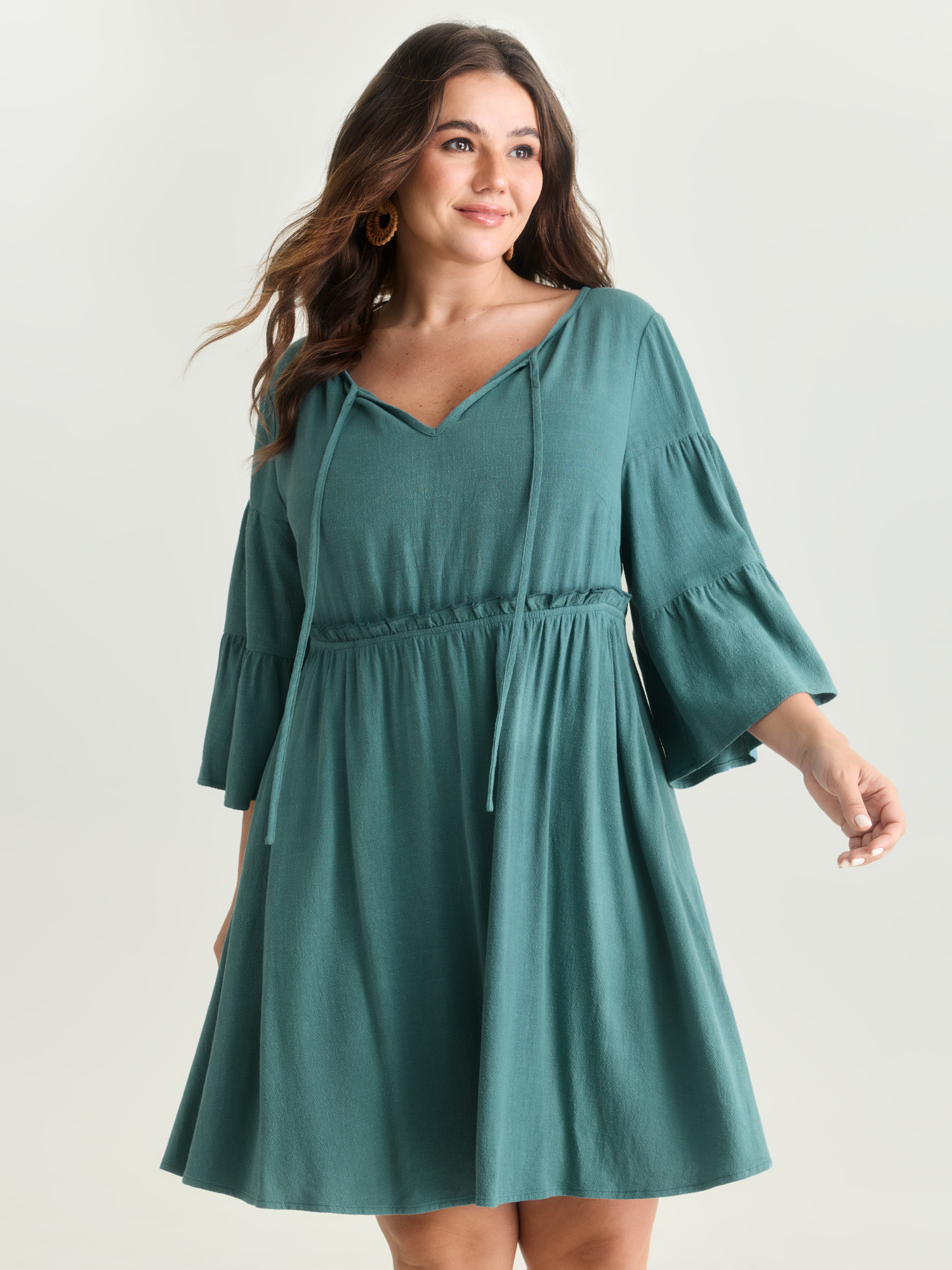 BloomChic Women's Plus Size Rayon Linen Blend Tiered Sleeve Mini Dress DarkSlateGray Solid Knee Length Vacation Lace-Up 10/M