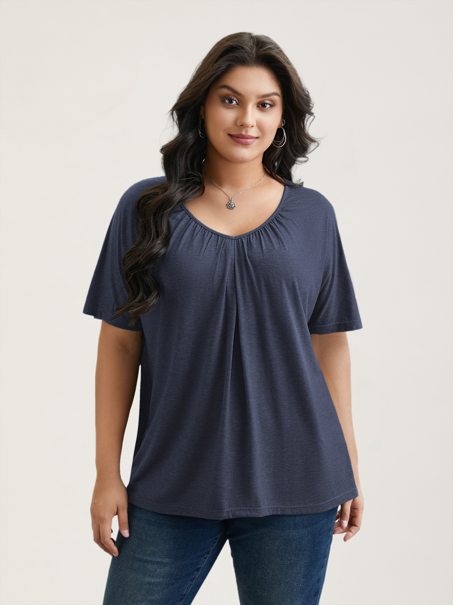 BloomChic Women's Plus Size Pleated Plain Half-Sleeve Knit Top Crown Blue Short sleeve Everyday-Casual V-Neck 22-24/3X