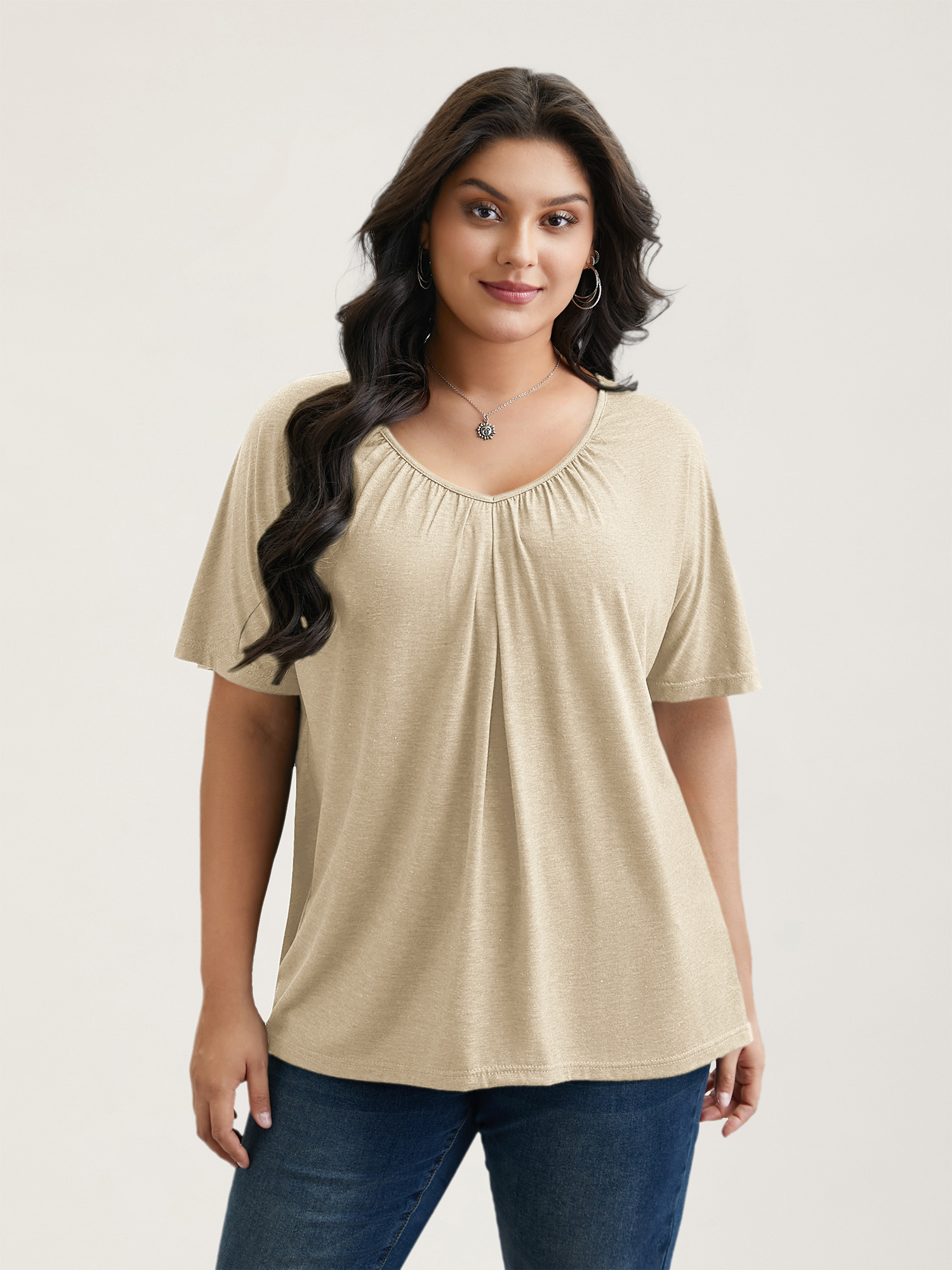 BloomChic Women's Plus Size Pleated Plain Half-Sleeve Knit Top Angora Short sleeve Everyday-Casual V-Neck 10/M