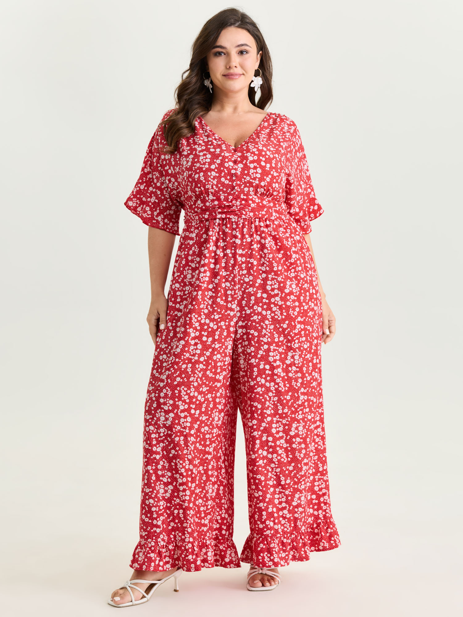 BloomChic Plus Size Ditsy Floral Print Ruffled Hem Jumpsuit - Curve Women's Crimson Playsuit - Side Pocket Straight fit Jumpsuits 14/M