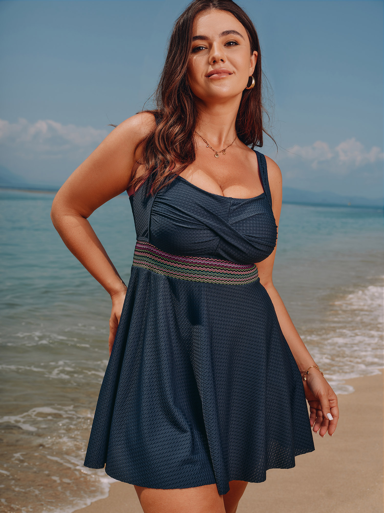 BloomChic Women's Plus Size Twist Front Pockets Contrast Swim Dress Indigo Solid Cable Knit Adjustable Straps 30/6X