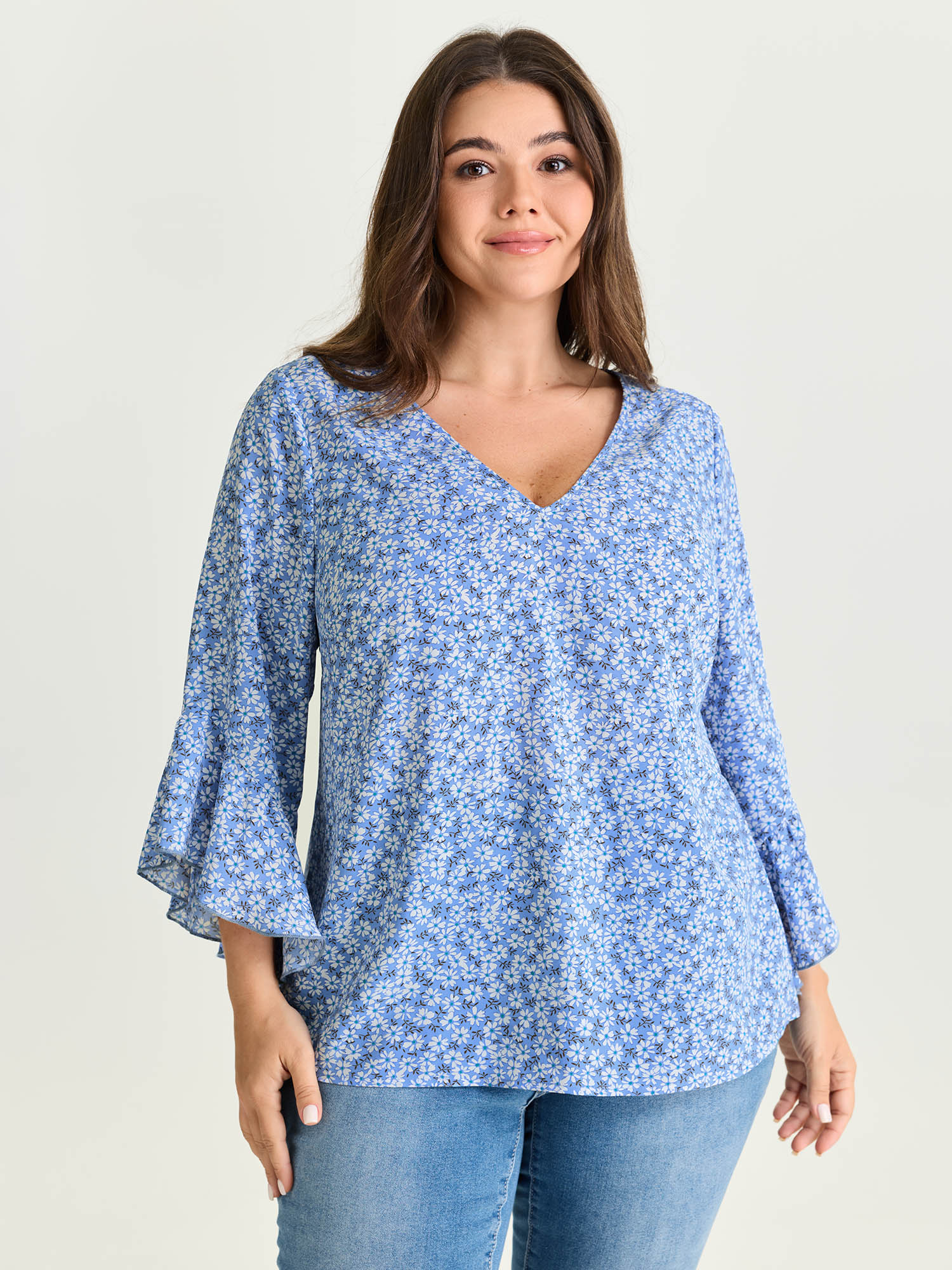 BloomChic Plus Size Floral Print Flared Ruffled Sleeve Blouse - Women's Skyblue Ditsy Floral Deep V-Neck Long Sleeve Americana Daily Blouses 16/L