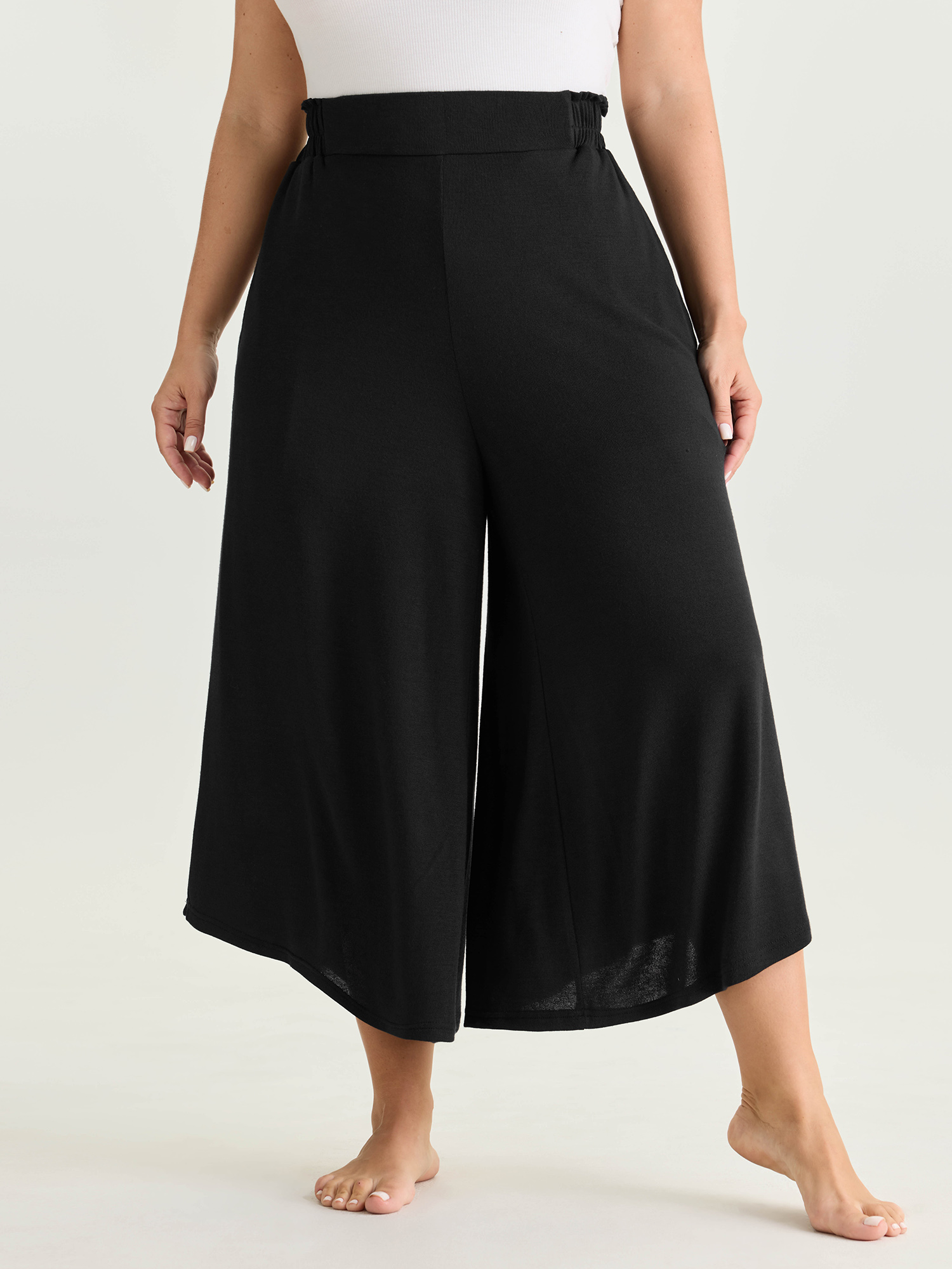Side view of BloomChic Women's Plus Size Supersoft Elastic Waistband Lounge Bottoms Black Capri 18-20/2X