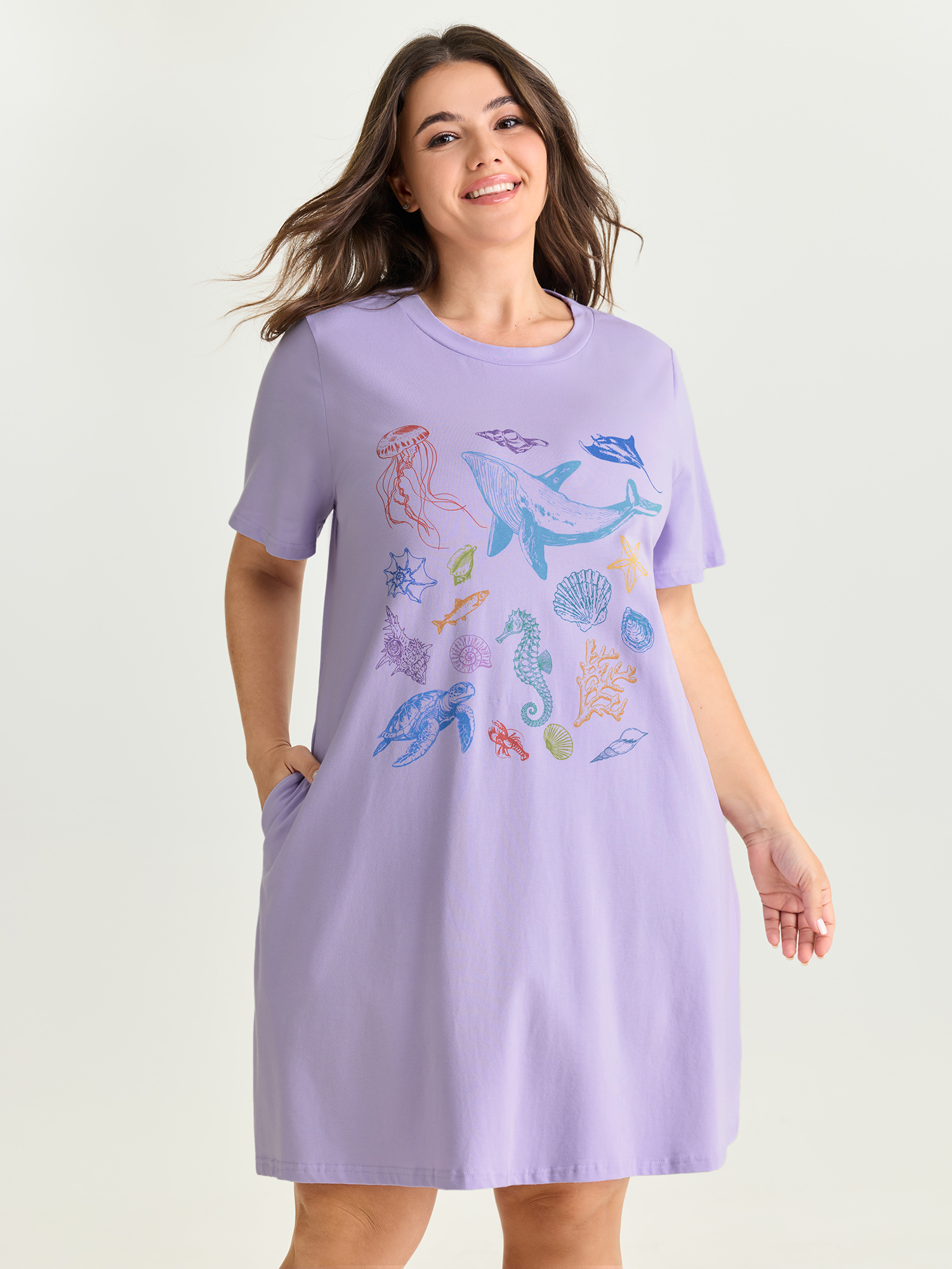 BloomChic Women's Plus Size Cotton Ocean Elements Stretchy Nightgown Lilac Short sleeve Midi Round Neck 10/M-image-48217160515754