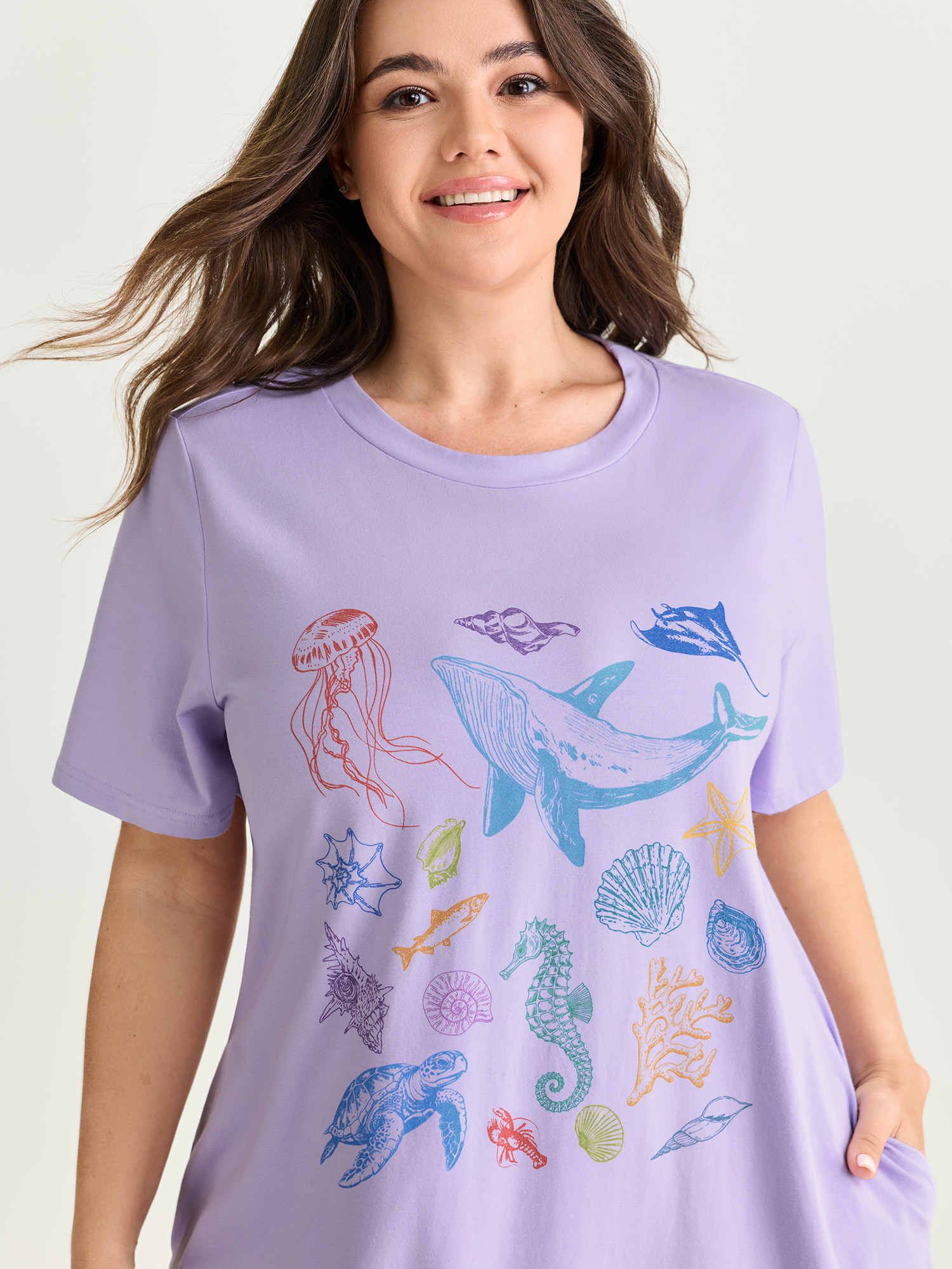 Side view of BloomChic Women's Plus Size Cotton Ocean Elements Stretchy Nightgown Lilac Short sleeve Midi Round Neck 14-16/1X