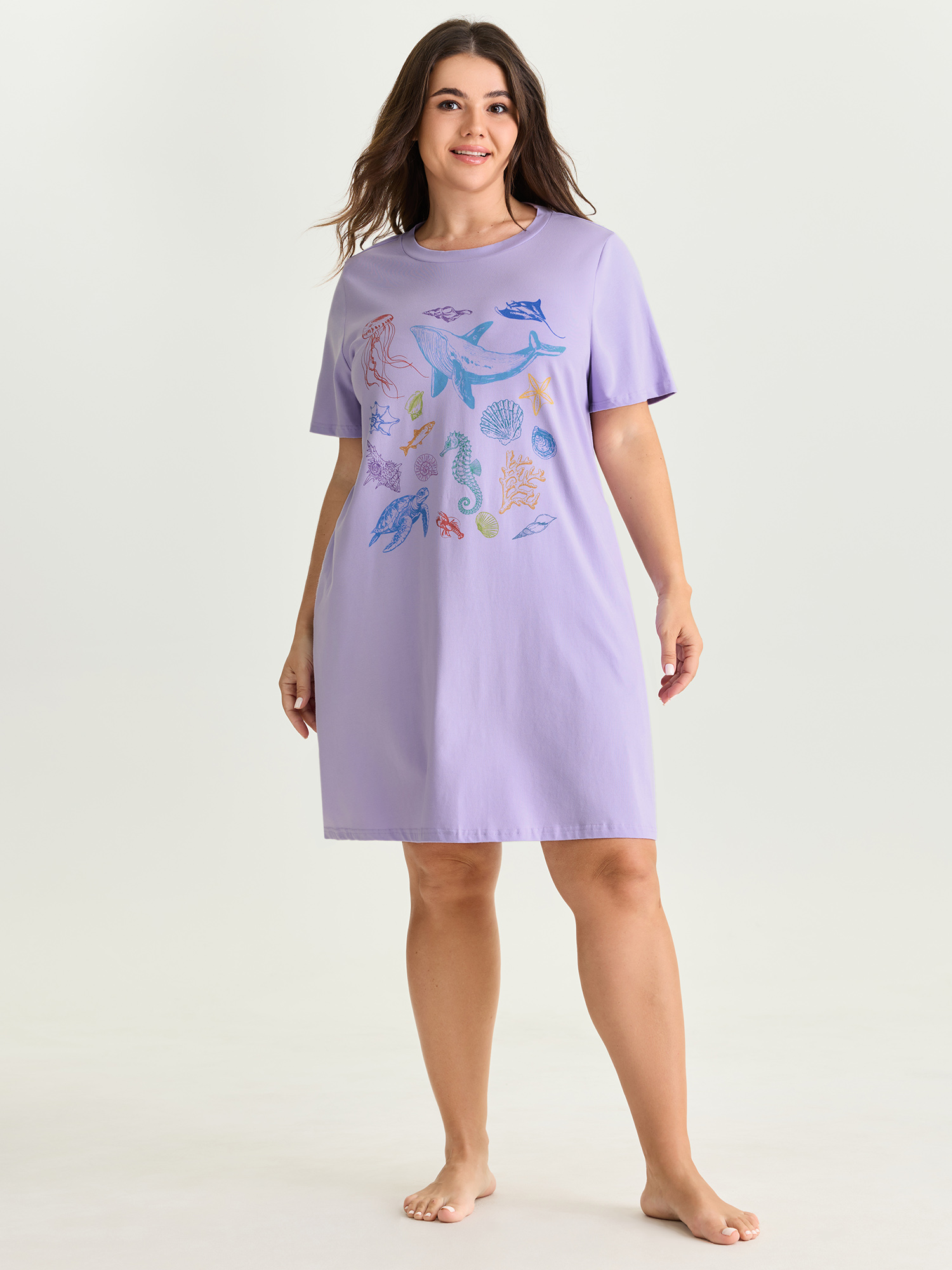 Side view of BloomChic Women's Plus Size Cotton Ocean Elements Stretchy Nightgown Lilac Short sleeve Midi Round Neck 14-16/1X
