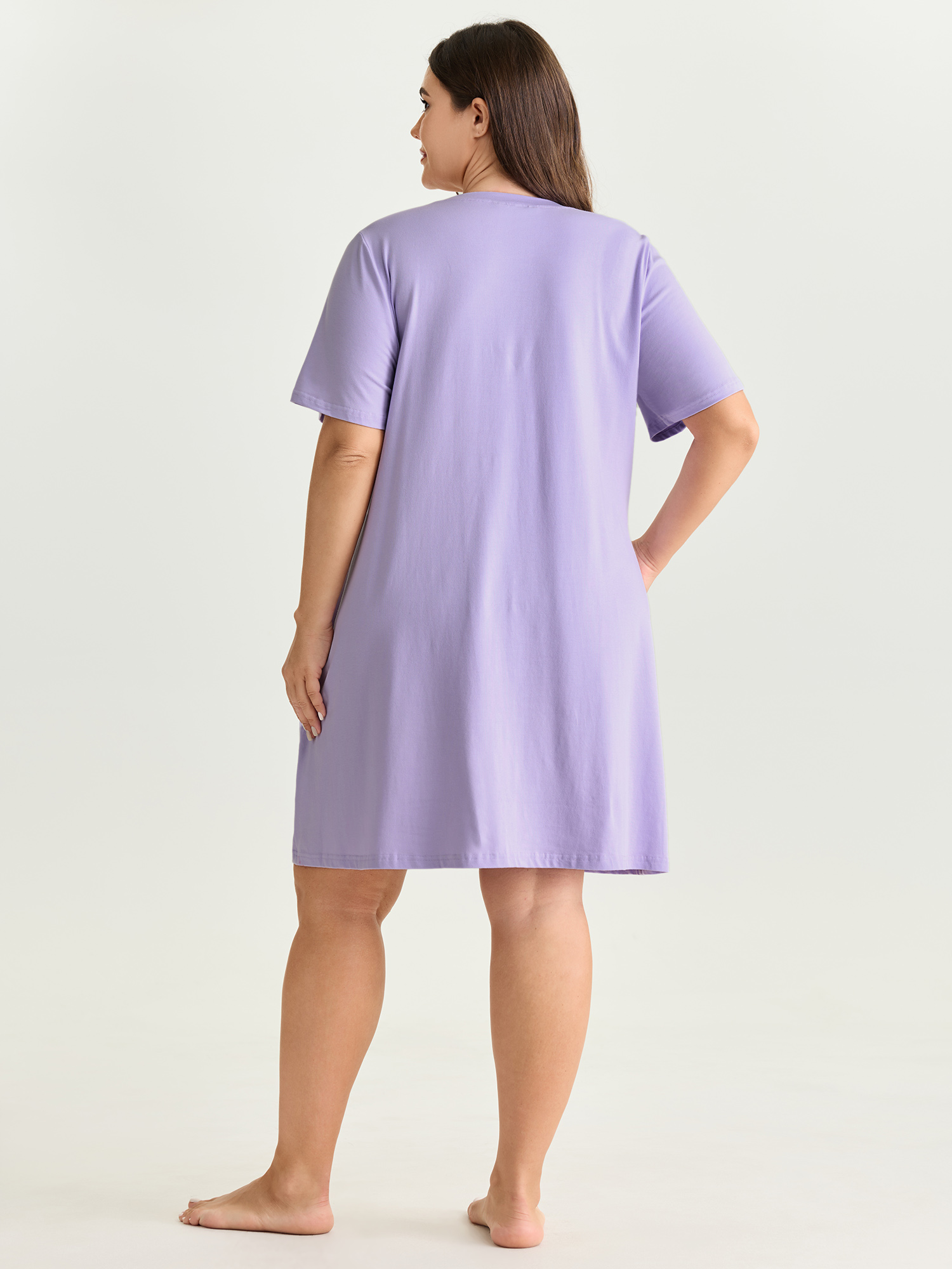 Side view of BloomChic Women's Plus Size Cotton Ocean Elements Stretchy Nightgown Lilac Short sleeve Midi Round Neck 14-16/1X