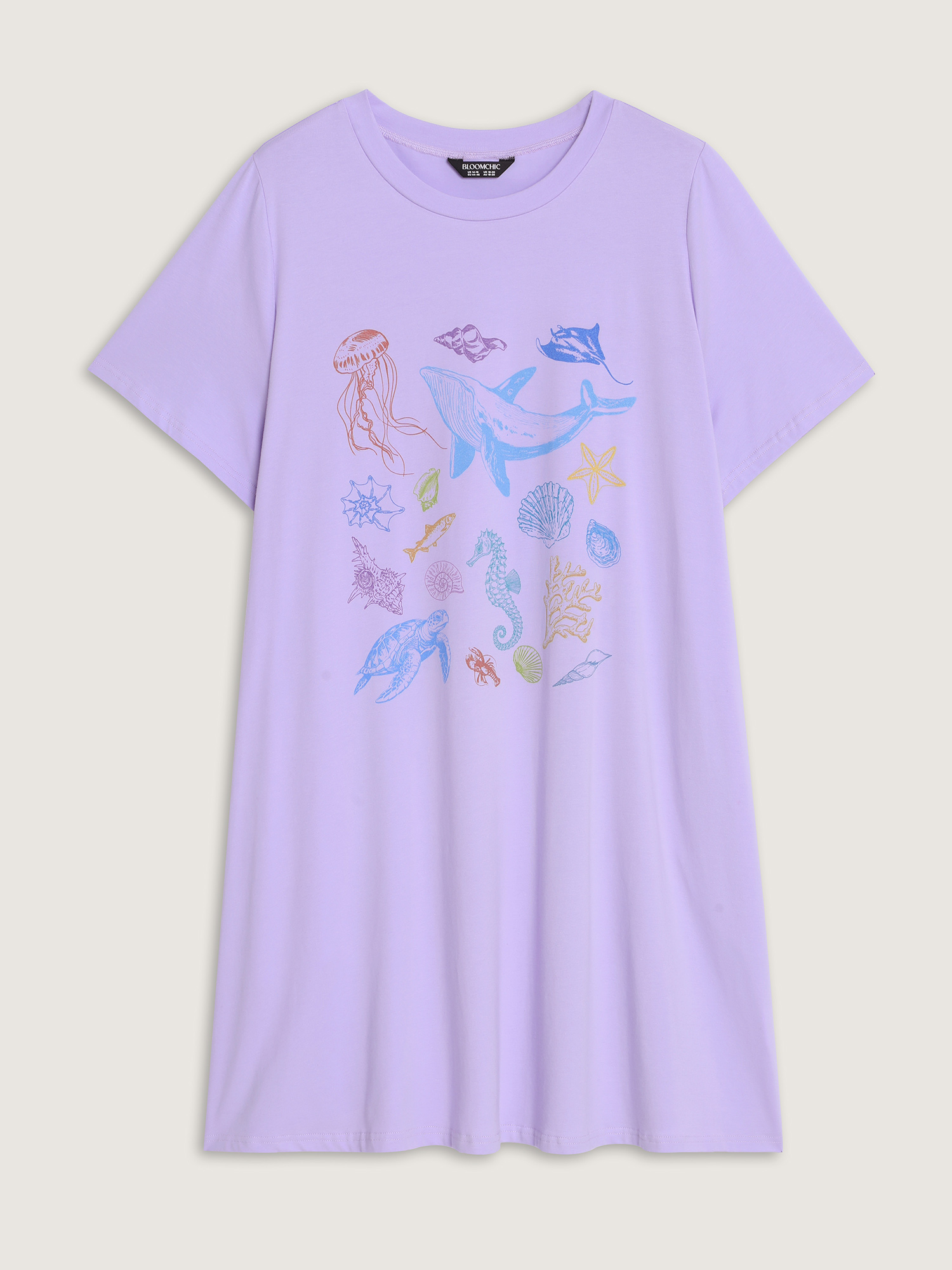Side view of BloomChic Women's Plus Size Cotton Ocean Elements Stretchy Nightgown Lilac Short sleeve Midi Round Neck 14-16/1X