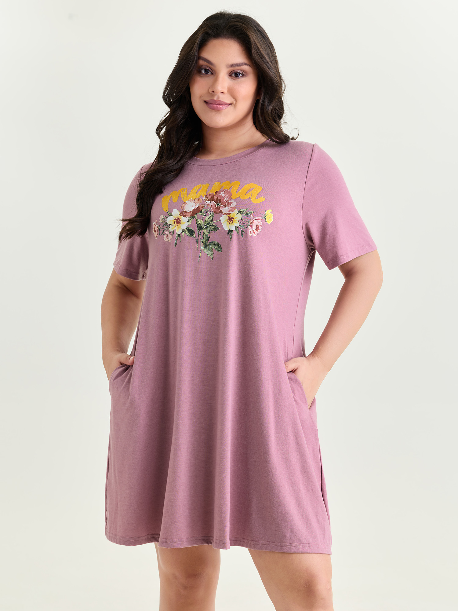 BloomChic Women's Plus Size Supersoft Floral Print Nightgown Beanpastepowder Short sleeve Midi Round Neck 10/M-image-48222385078442