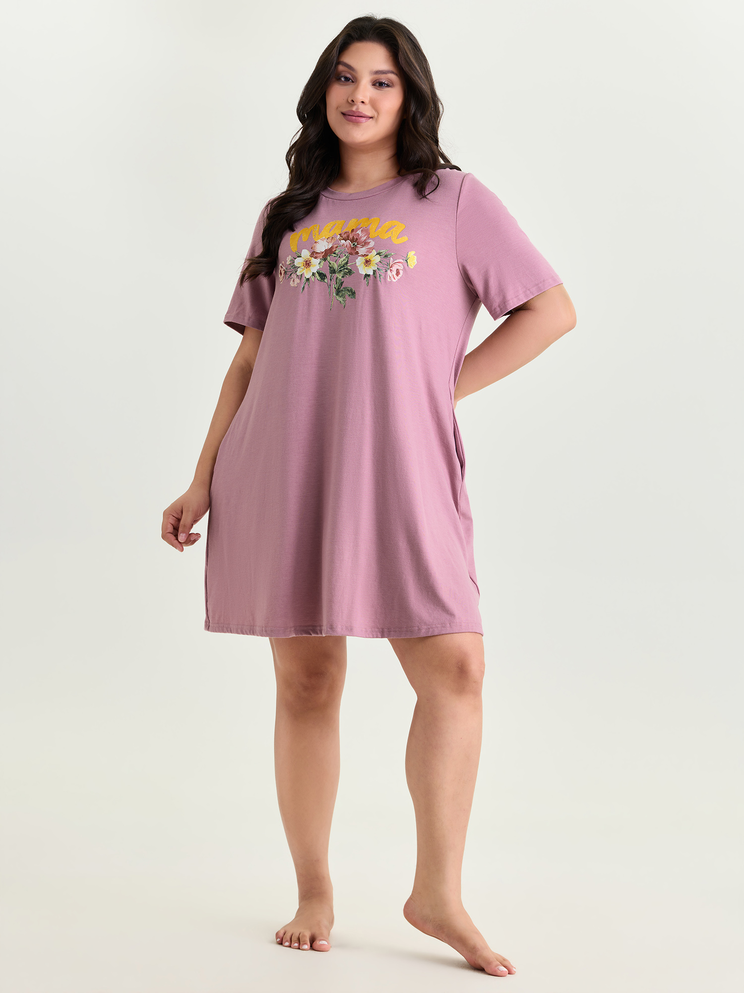 Side view of BloomChic Women's Plus Size Supersoft Floral Print Nightgown Beanpastepowder Short sleeve Midi Round Neck 18-20/2X