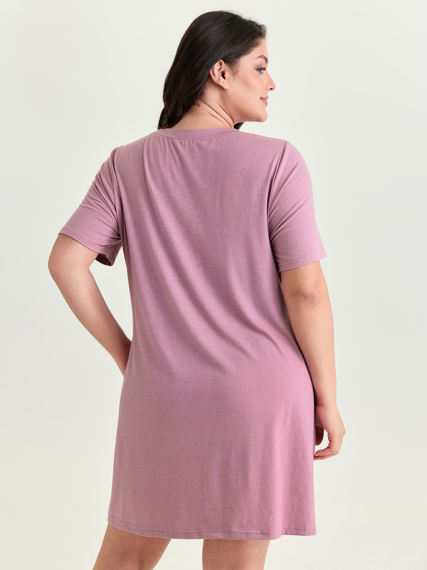 Side view of BloomChic Women's Plus Size Supersoft Floral Print Nightgown Beanpastepowder Short sleeve Midi Round Neck 18-20/2X