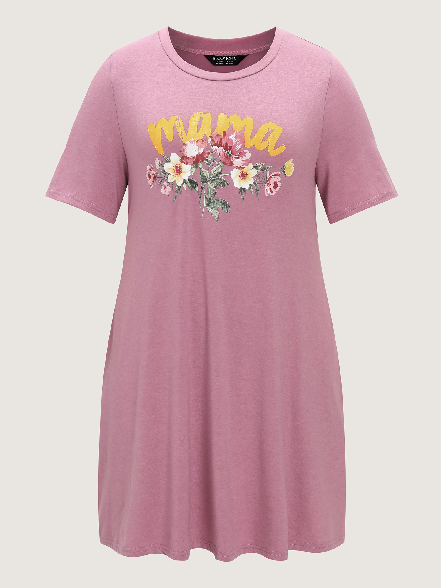 Side view of BloomChic Women's Plus Size Supersoft Floral Print Nightgown Beanpastepowder Short sleeve Midi Round Neck 18-20/2X
