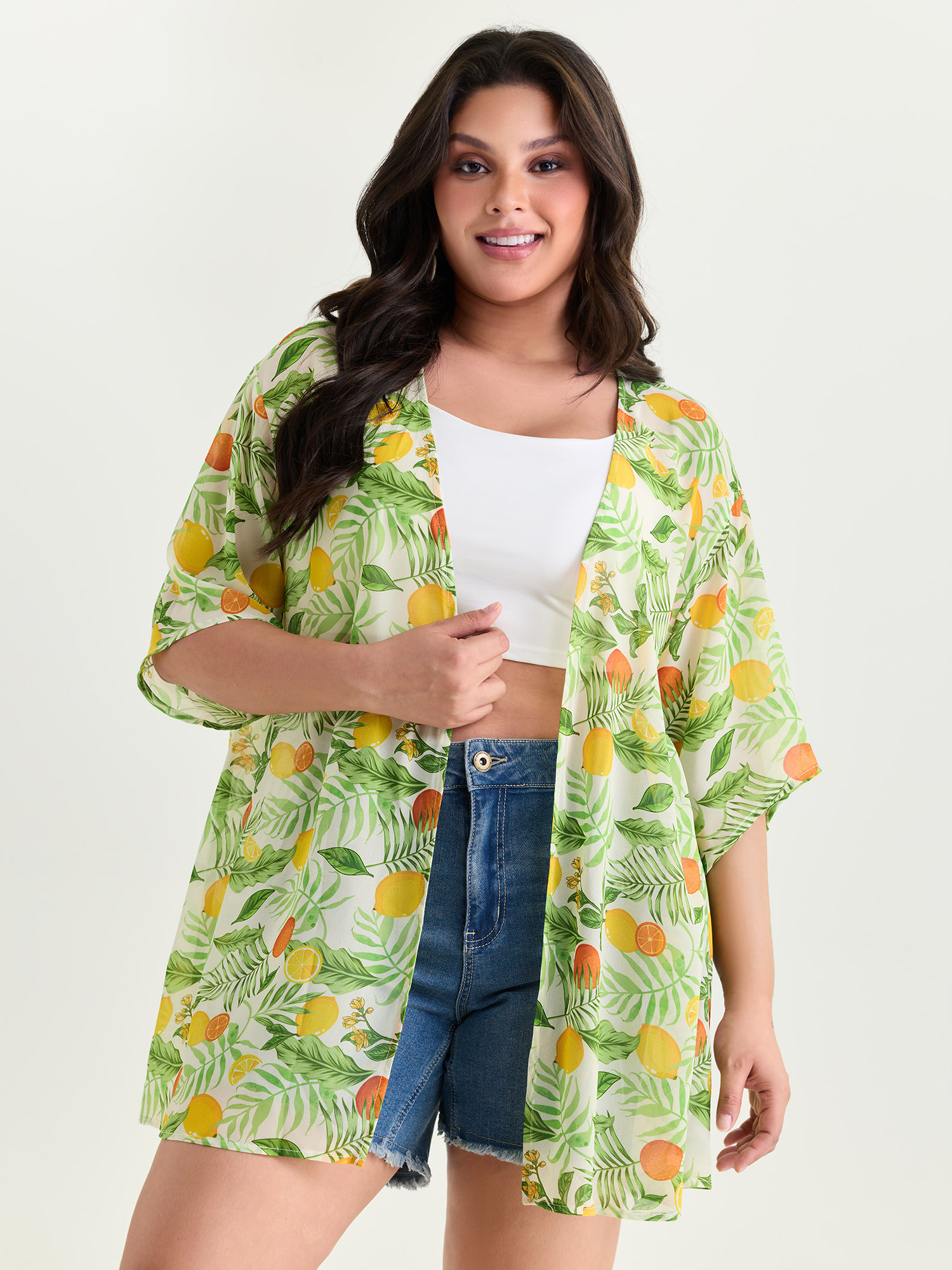 BloomChic Women's Plus Size Citrus Print Open-Front Cover-Up Mint 30/6X