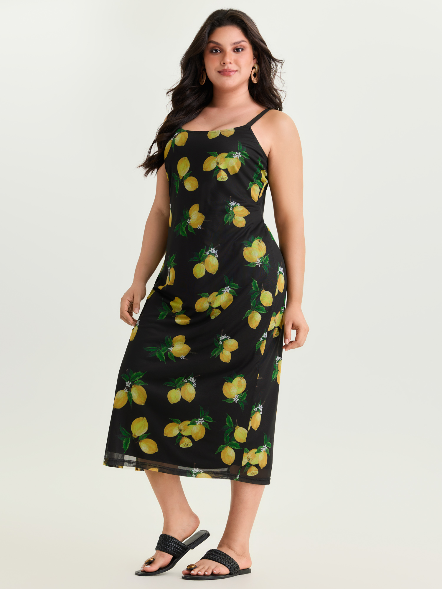 BloomChic Women's Plus Size Lemon Print Stretchy Mesh Knit Midi Dress BlackFlower Vacation Midi Non U-Neck 22-24/3X