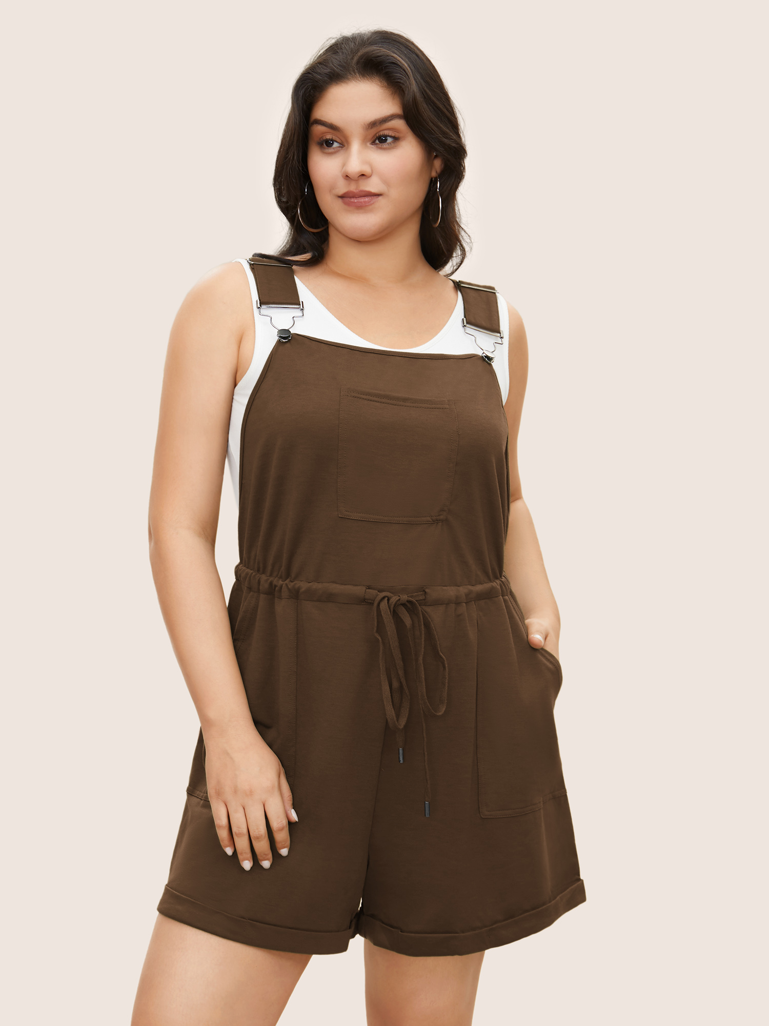 BloomChic Women's Plus Size Solid Pocket Drawstring Overall Romper DarkBrown Everyday-Casual 12/L