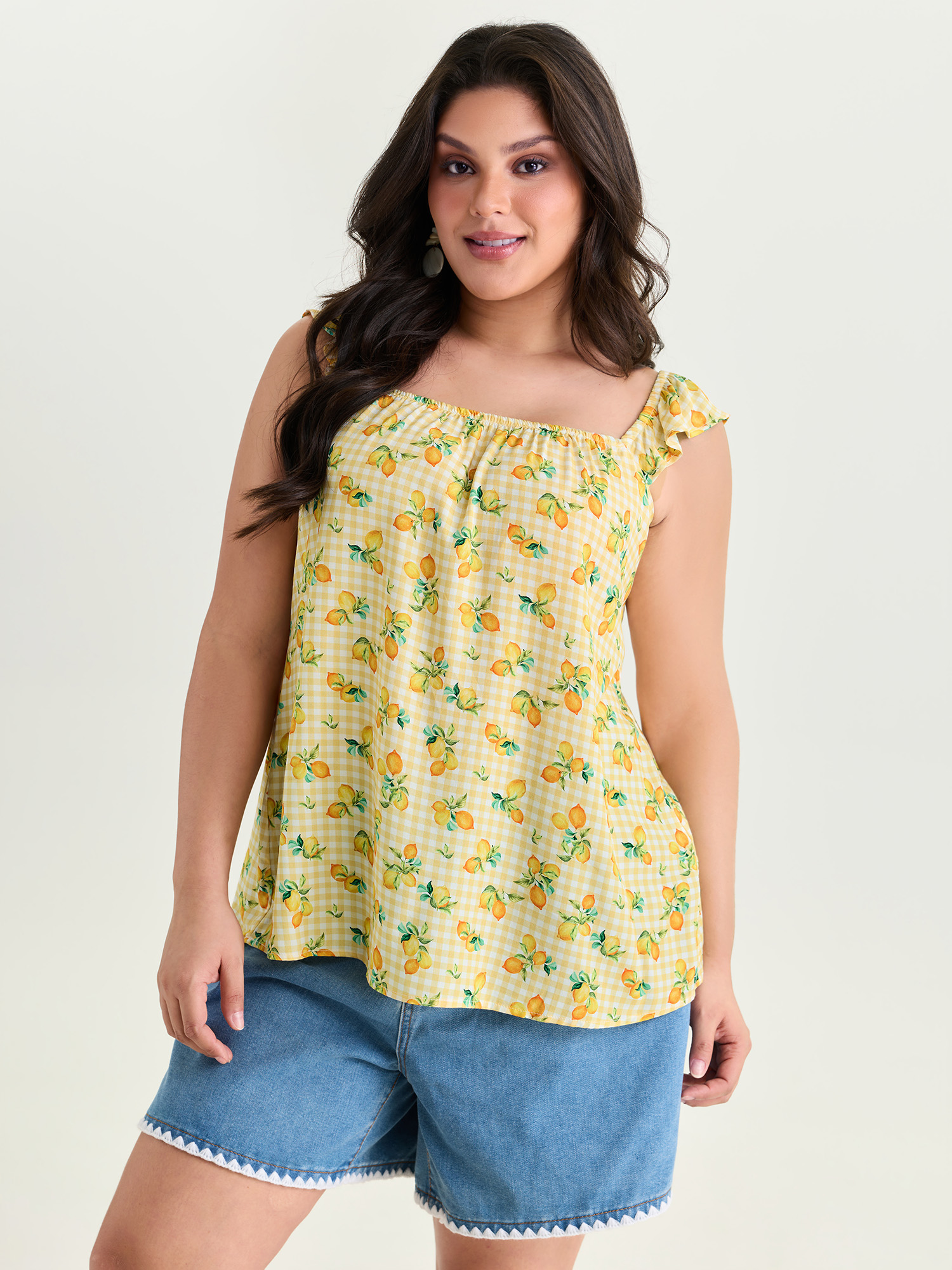 BloomChic Women's Plus Size Supersoft Lemon Print Ruffled Sleeve Tank Top Lemonyellow Vacation A-line Square Neck 22-24/3X