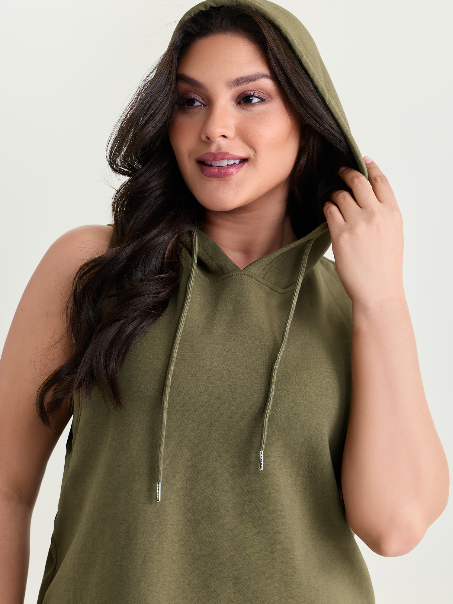 BloomChic Women's Plus Size Supersoft Drawstring Neckline Tank Top ArmyGreen Everyday-Casual A-line Hooded Neck 10/M