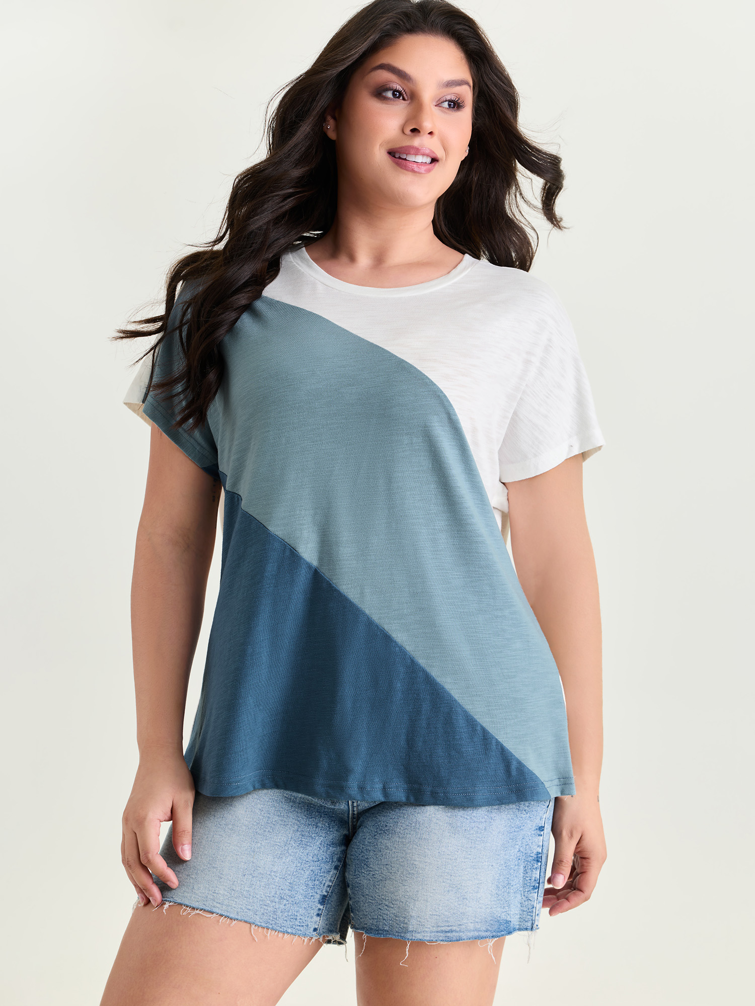 BloomChic Women's Plus Size Colorblock Textured Round Neck T-Shirt LightBlue Color Block Everyday-Casual Short sleeve Round Neck 10/M