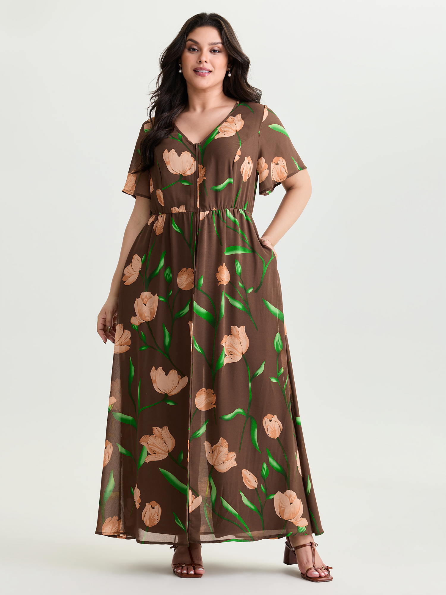 BloomChic Women's Plus Size Hidden Zipper Floral Layered Pockets Jumpsuit DarkBrown Elegant 28/5X-image-48601922928810