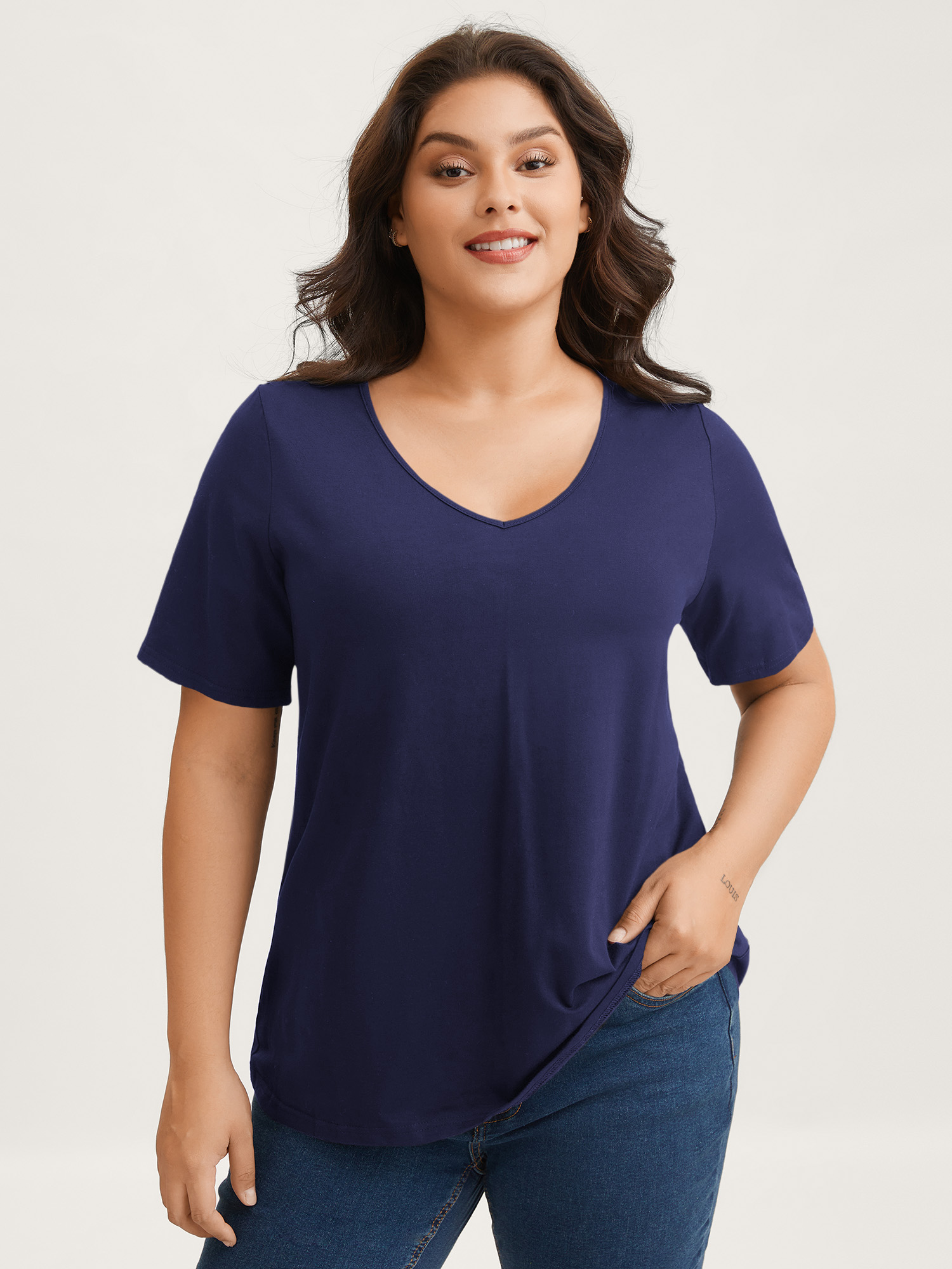 BloomChic Plus Size Cotton V Neck Plain Basic T-shirt - Women's Indigo Solid Round Neck Comfort Midsection Fit Long Sleeve Playful T-shirts 14/M
