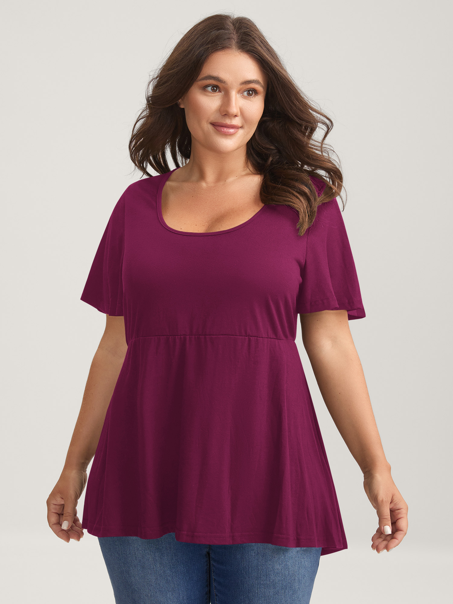 BloomChic Women's Plus Size Ruffled Sleeve Round Neck Babydoll Top RedViolet Short sleeve Everyday-Casual U-Neck 10/M