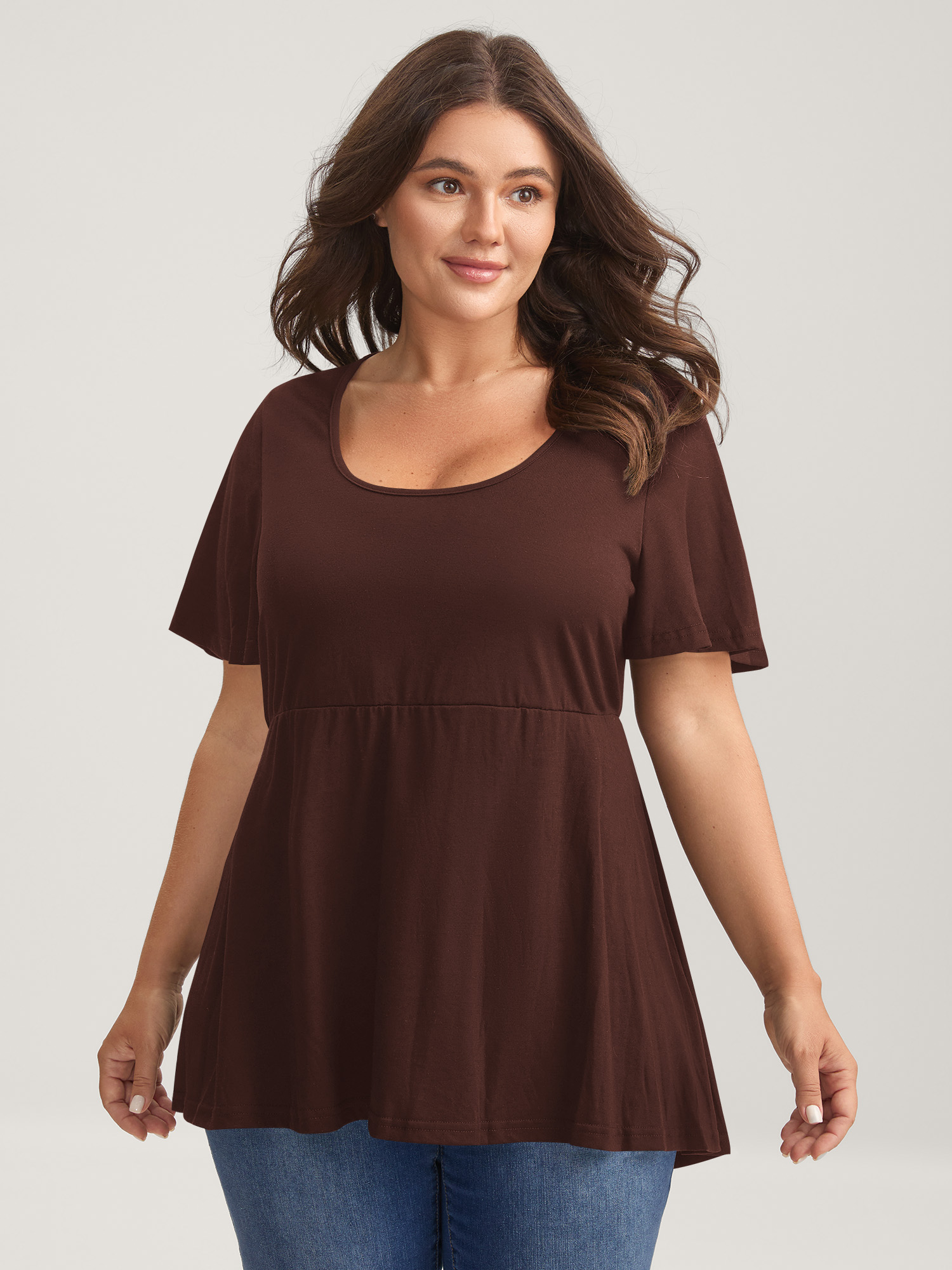 BloomChic Women's Plus Size Ruffled Sleeve Round Neck Babydoll Top Browncoffeecolor Short sleeve Everyday-Casual U-Neck 10/M