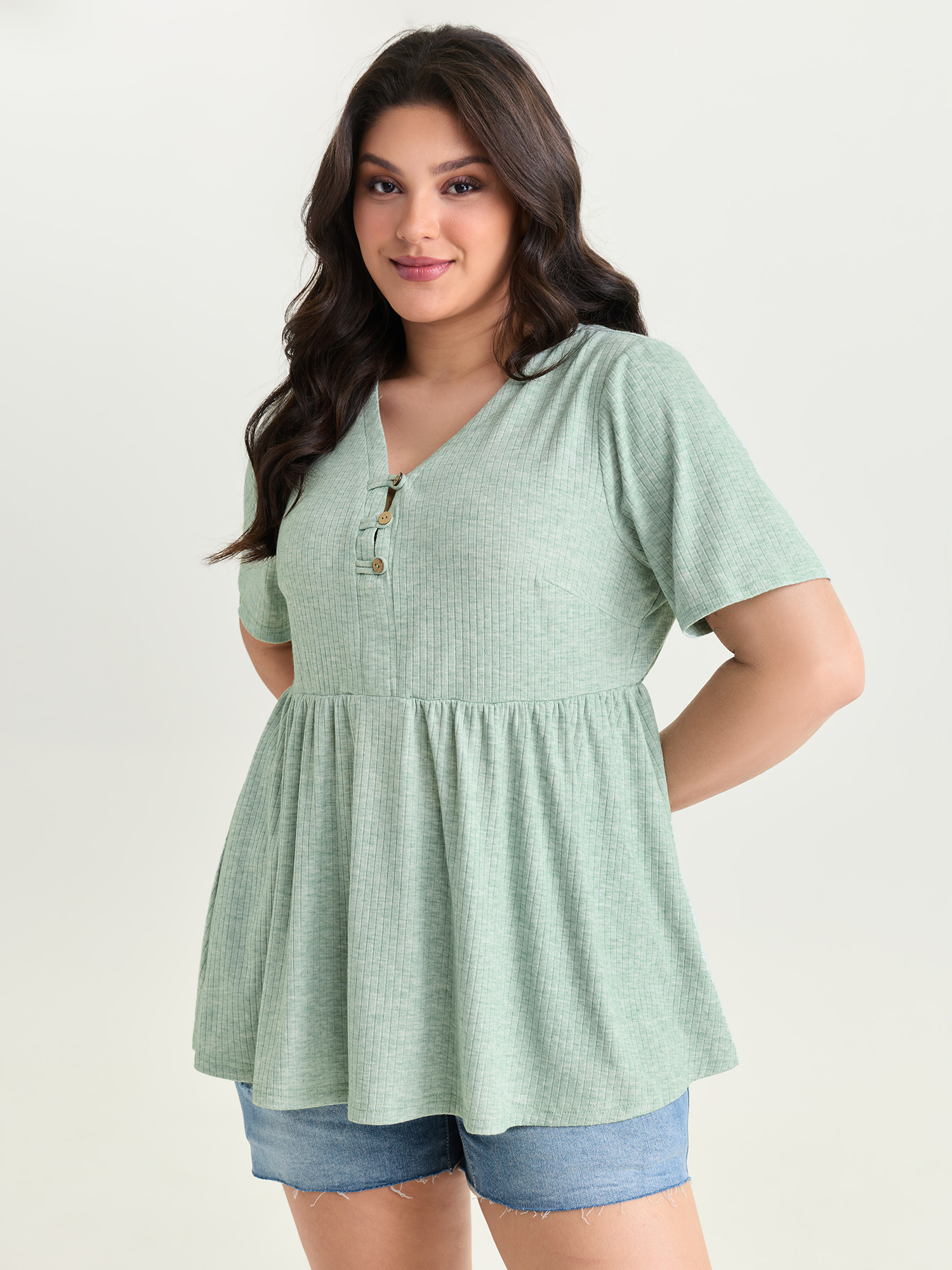 BloomChic Women's Plus Size Supersoft Button Detail Plain Knit Top Mint Short sleeve Everyday-Casual Deep V-Neck 10/M