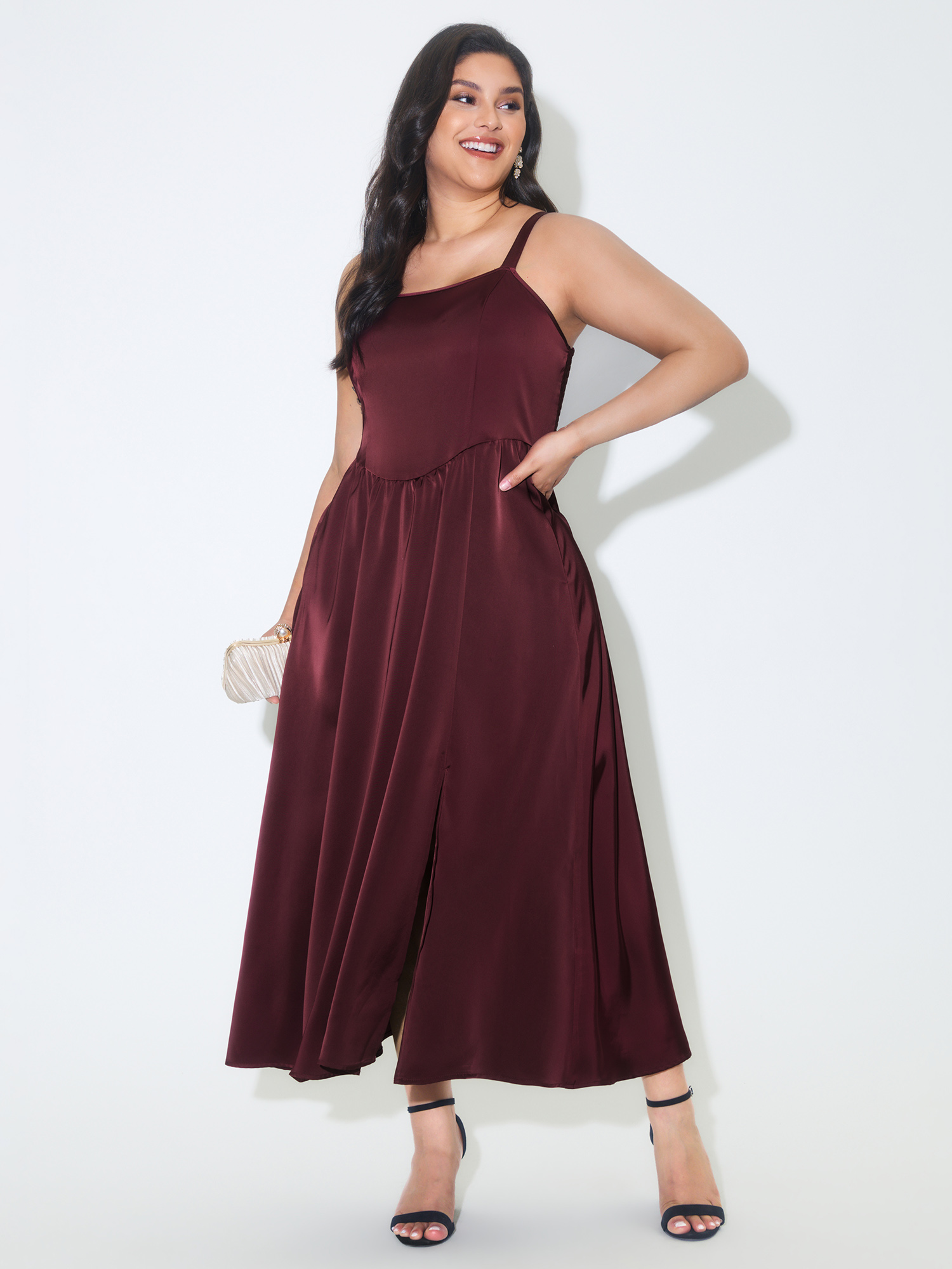 BloomChic Women's Plus Size Satin Square Neck Front Slit Slip Maxi Dress Deepred Party Maxi Smocked Square Neck 12/L-image-48222385766570