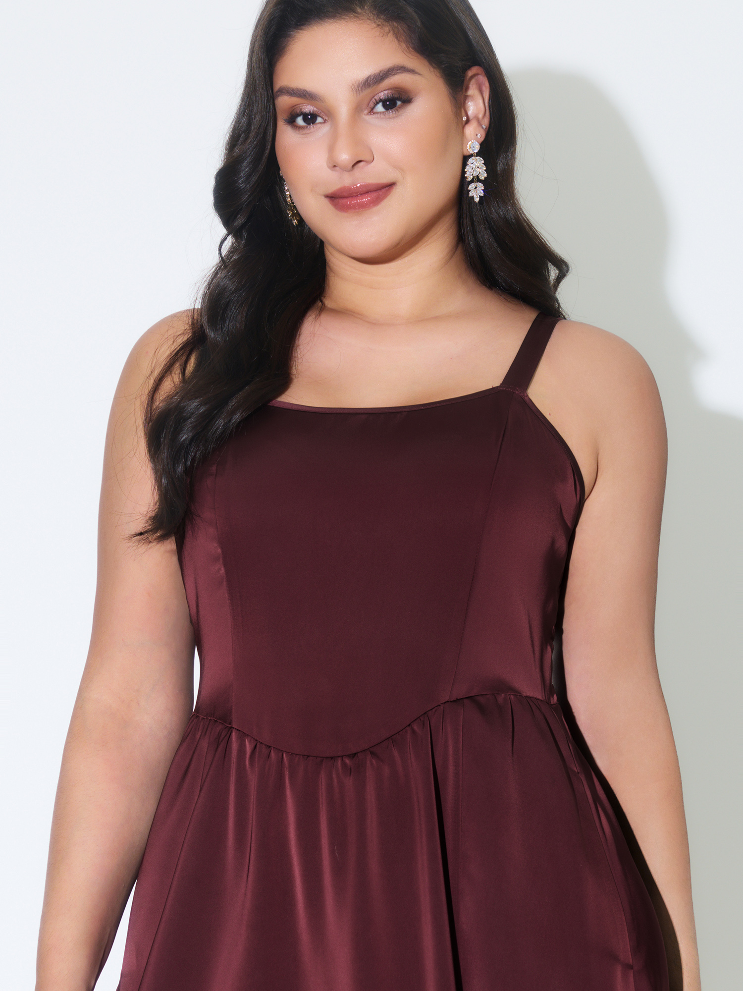 Side view of BloomChic Women's Plus Size Satin Square Neck Front Slit Slip Maxi Dress Deepred Party Maxi Smocked Square Neck 12/L