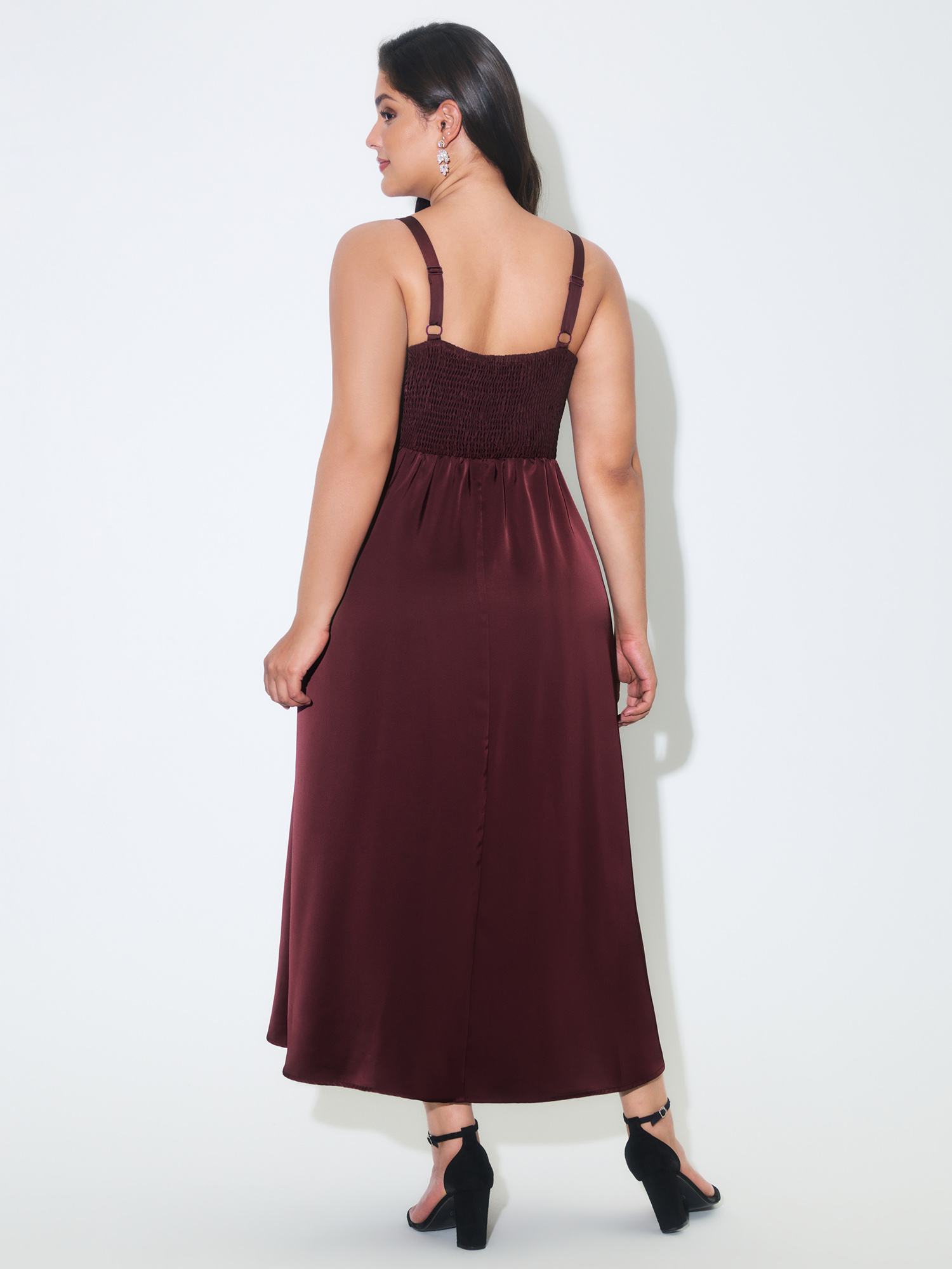 Side view of BloomChic Women's Plus Size Satin Square Neck Front Slit Slip Maxi Dress Deepred Party Maxi Smocked Square Neck 12/L