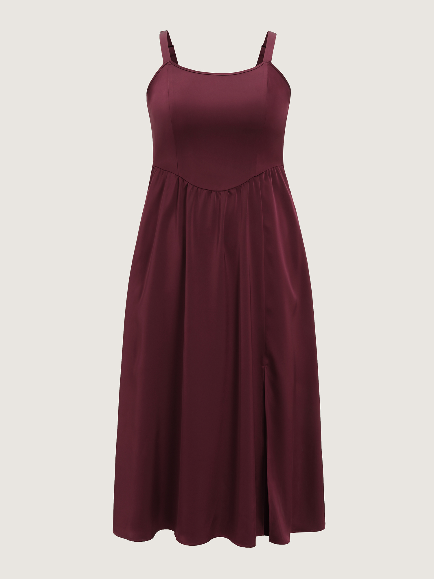 Side view of BloomChic Women's Plus Size Satin Square Neck Front Slit Slip Maxi Dress Deepred Party Maxi Smocked Square Neck 12/L